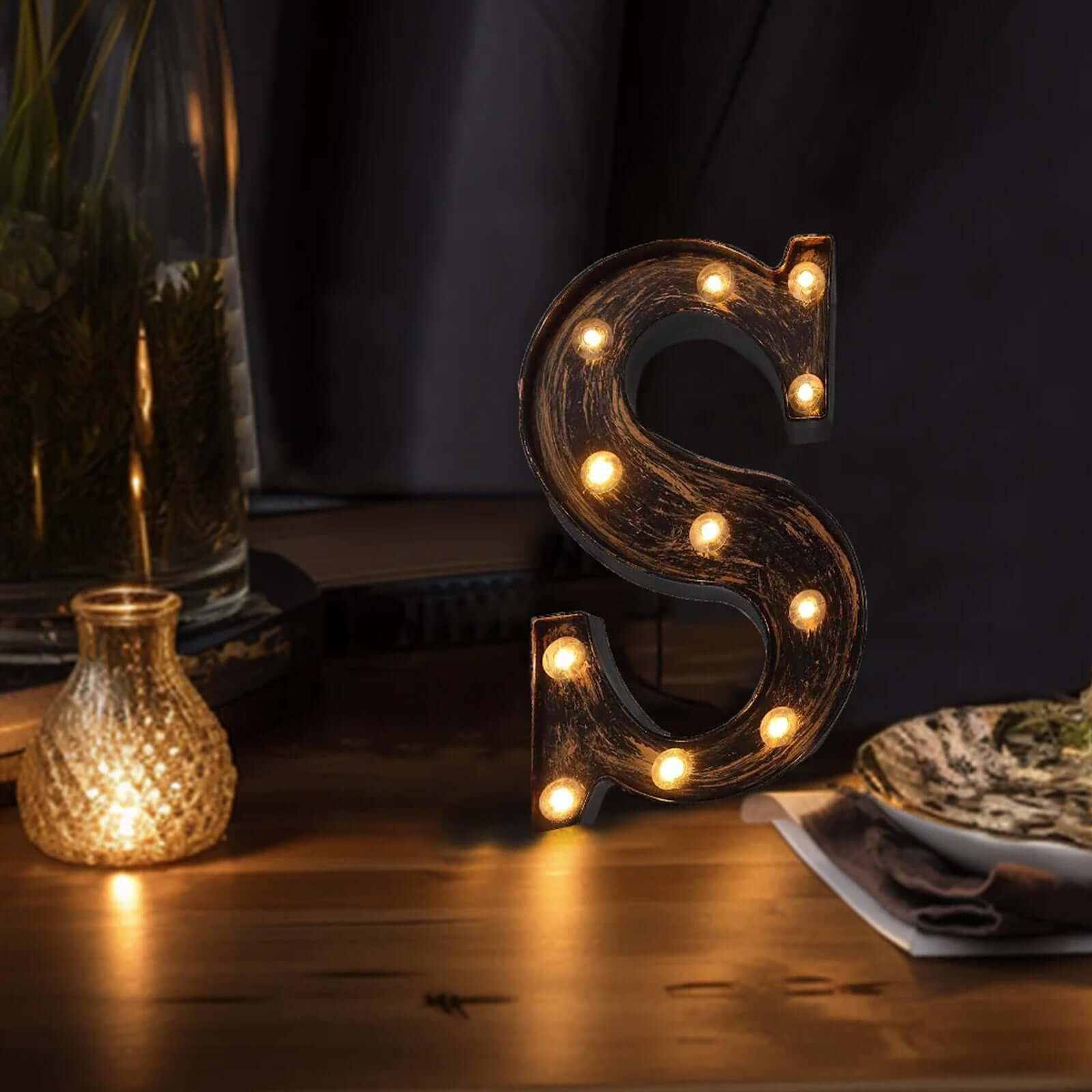 LED Marquee Letter "S" Industrial Style Antique Black - Light-Up Alphabet Sign for Weddings & Displays 9"