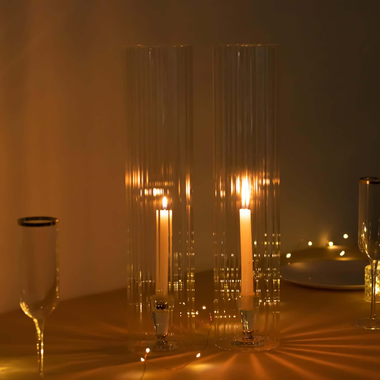 2-Pack Clear Ribbed Glass Hurricane Shades Open End Design - Stylish Candelabra Pillar Candle Holder Table Centerpiece 18"