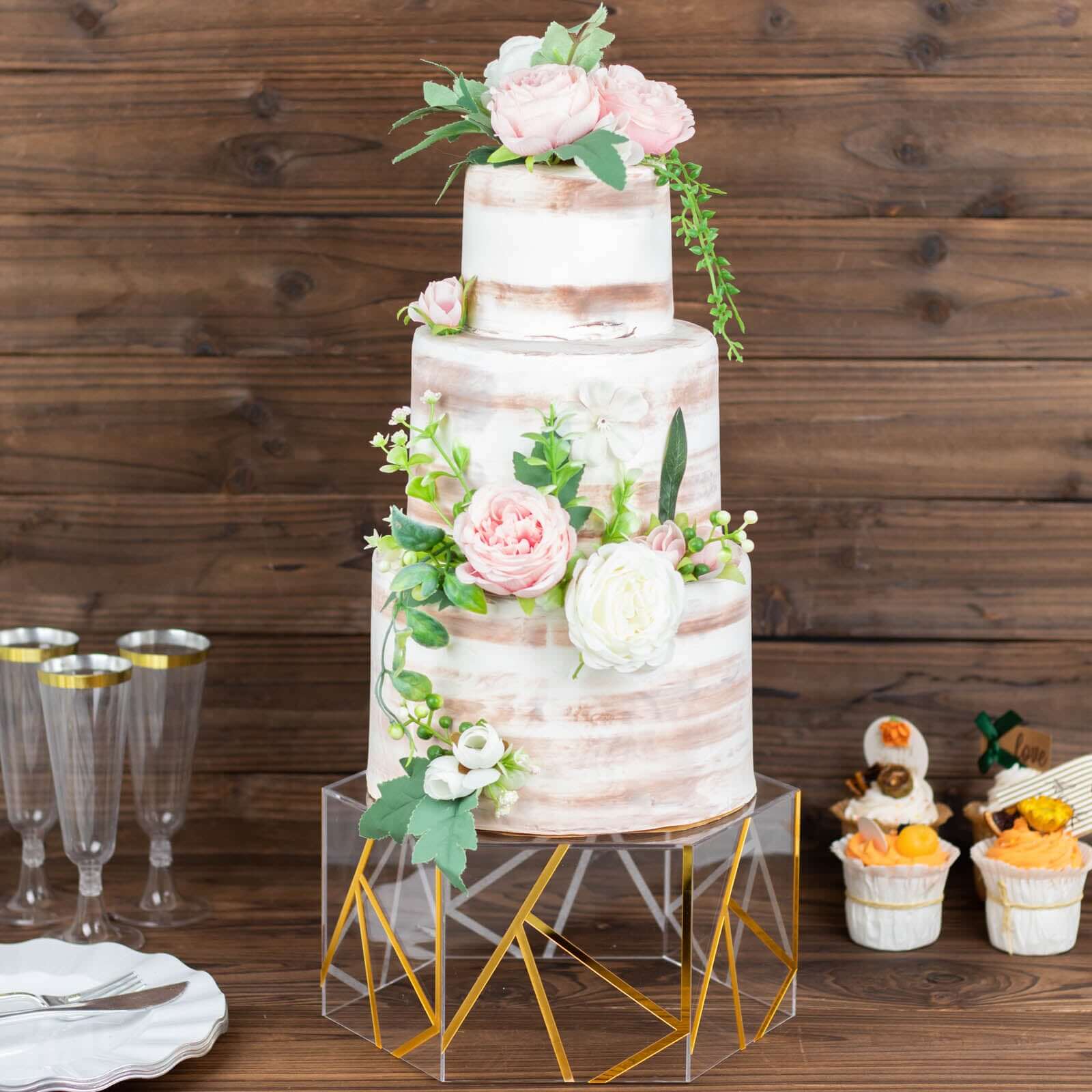 Acrylic Cake Stand Pedestal Riser Box Hexagonal Design Clear and Gold 10"x5" - Decorative Event Display