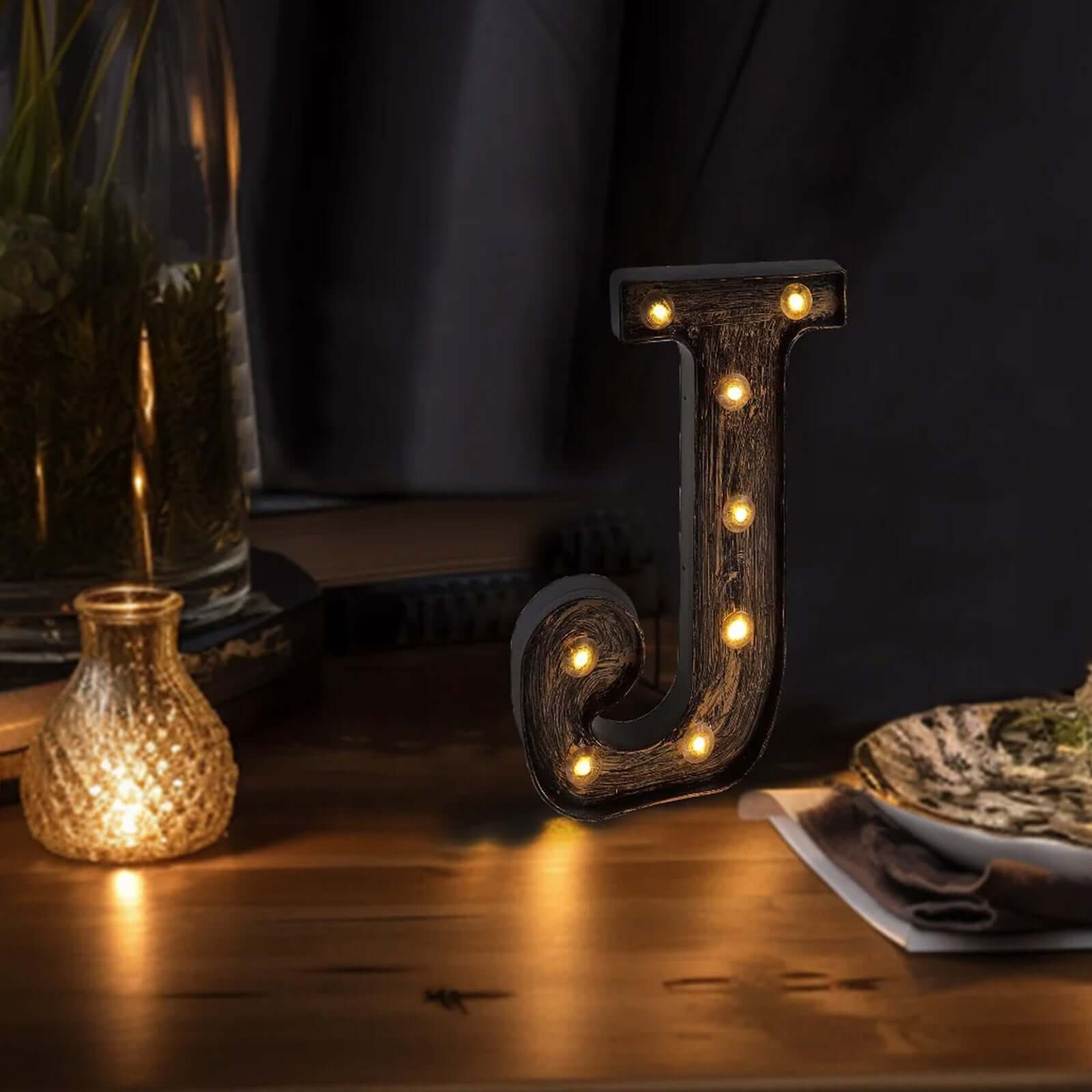 LED Marquee Letter "J" Industrial Style Antique Black - Light-Up Alphabet Sign for Weddings & Displays 9"