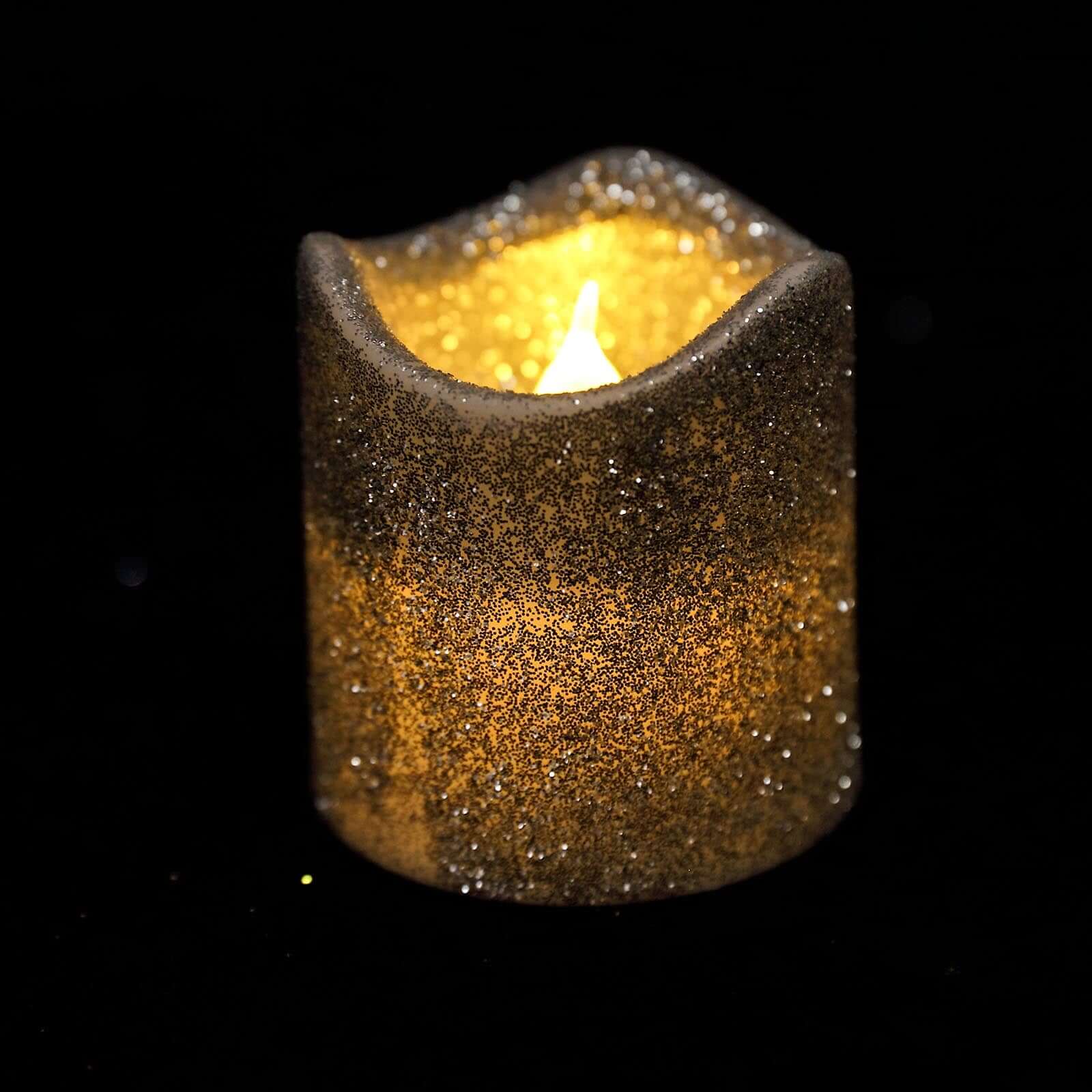 12-Pack LED Votive Candles Glittered Silver Design - Reusable Flameless Battery Operated Lights