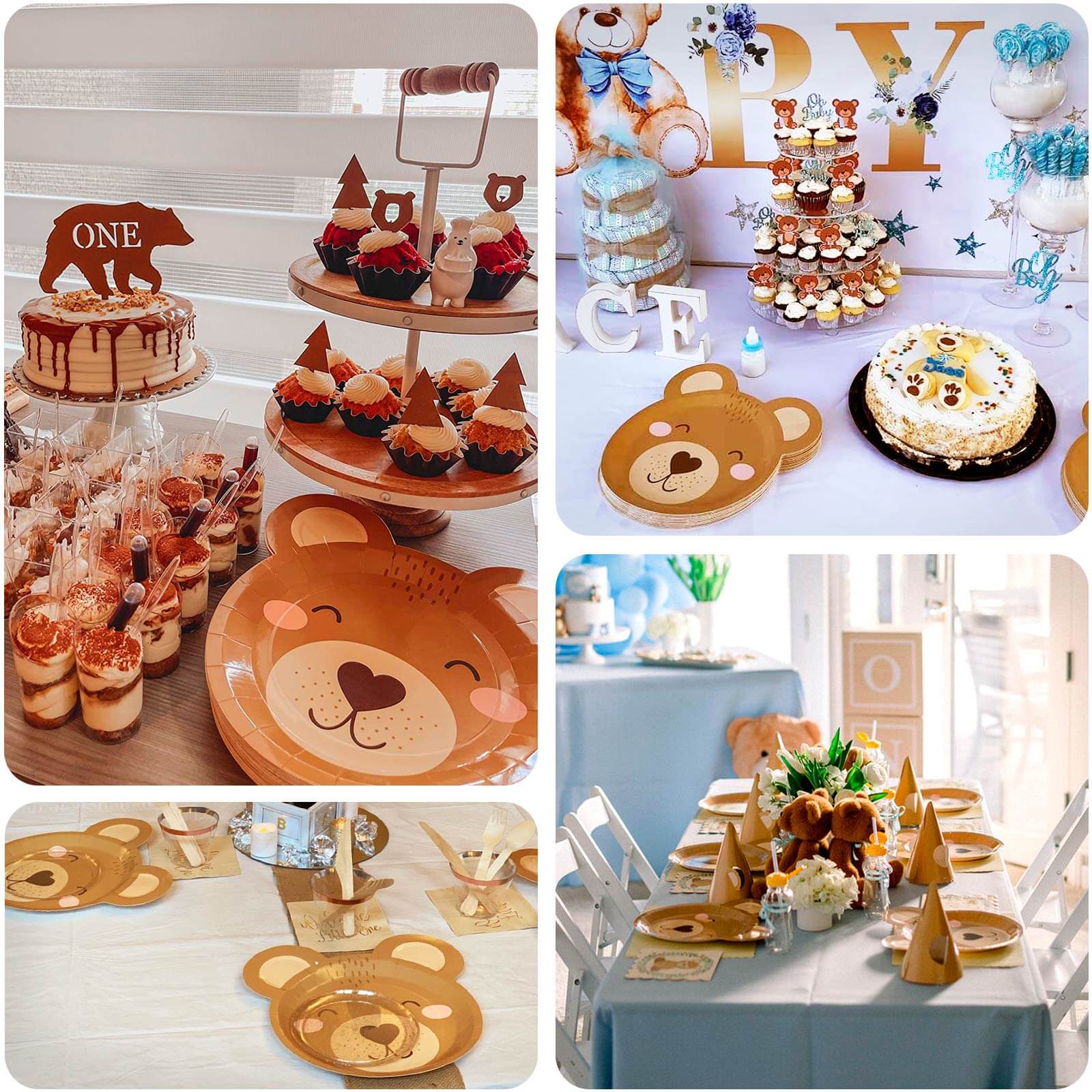 25-Pack Paper 7" Round Plates Brown Teddy Bear Print - Disposable 300GSM Cute Bear Themed Appetizer Dessert Party Plates for Baby Shower Birthday Event Decoration