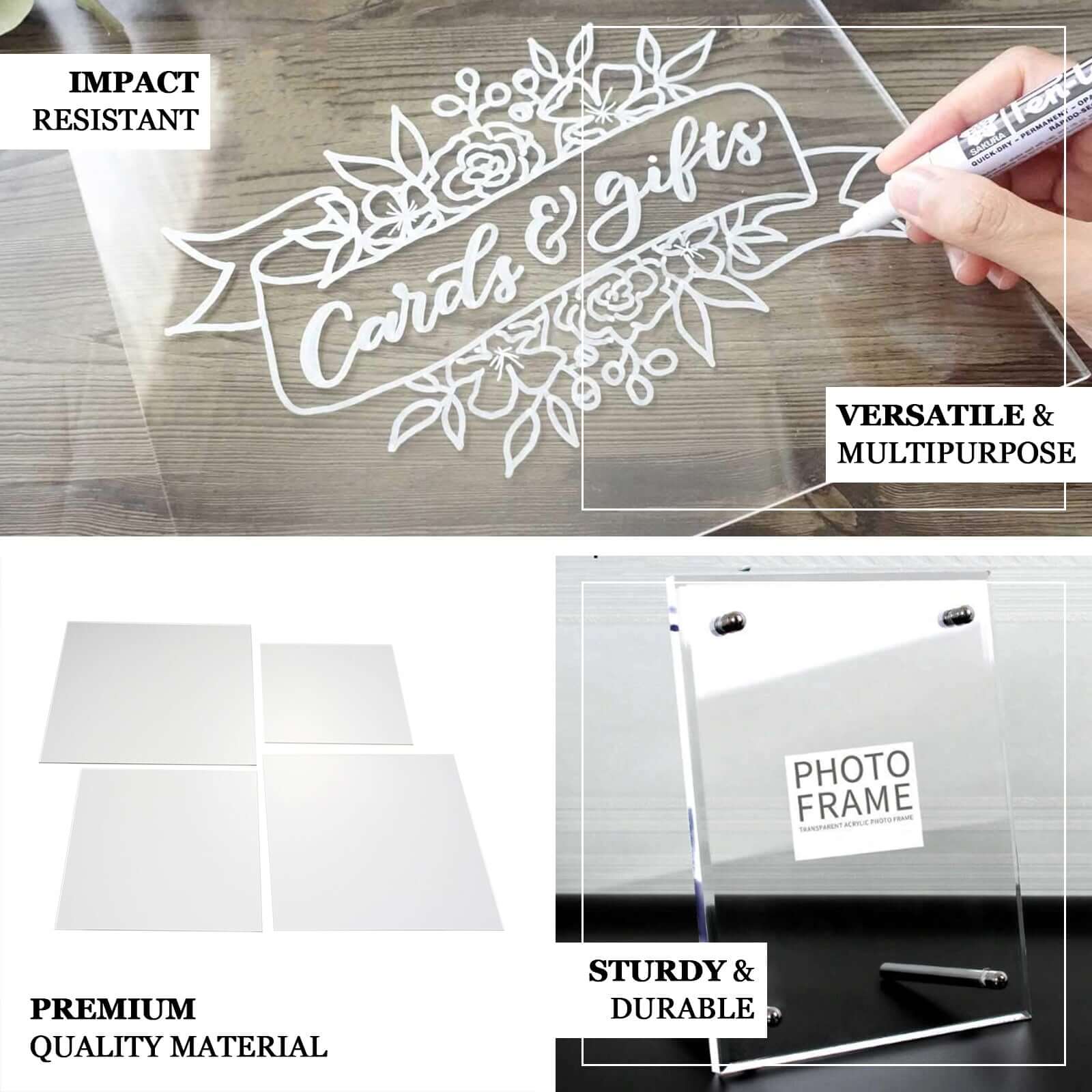 Set of 4 Acrylic Plexiglass Sheets Square Top Plates Assorted Sizes Clear - Protective Film Coating 3mm Thick