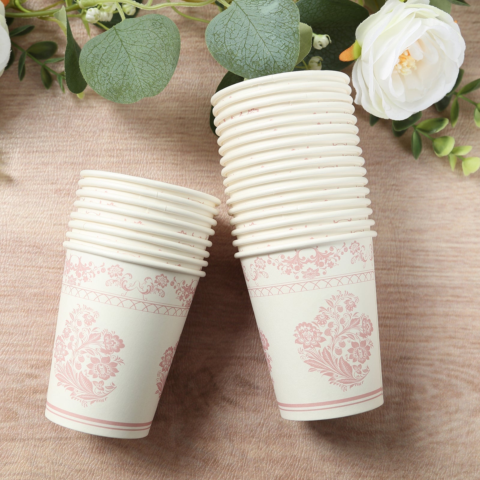 24 Pack Disposable Paper Cups in White Pink French Toile Pattern, Elegant Party Cups - 9oz