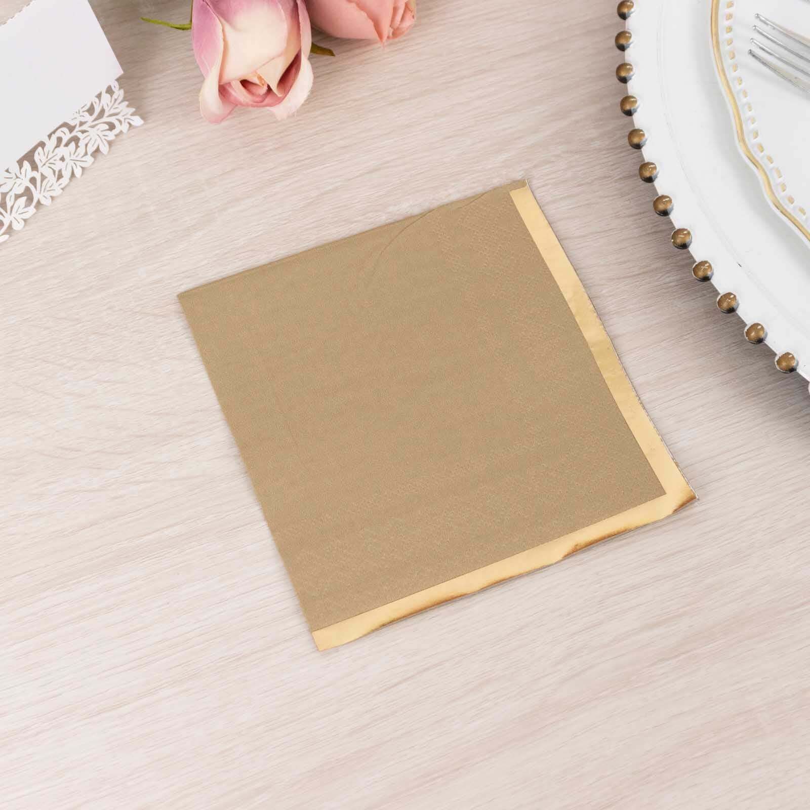 50-Pack Paper Beverage Napkins Natural with Gold Foil Edge - 2 Ply Disposable Soft 18GSM Cocktail Napkins 5"x5"