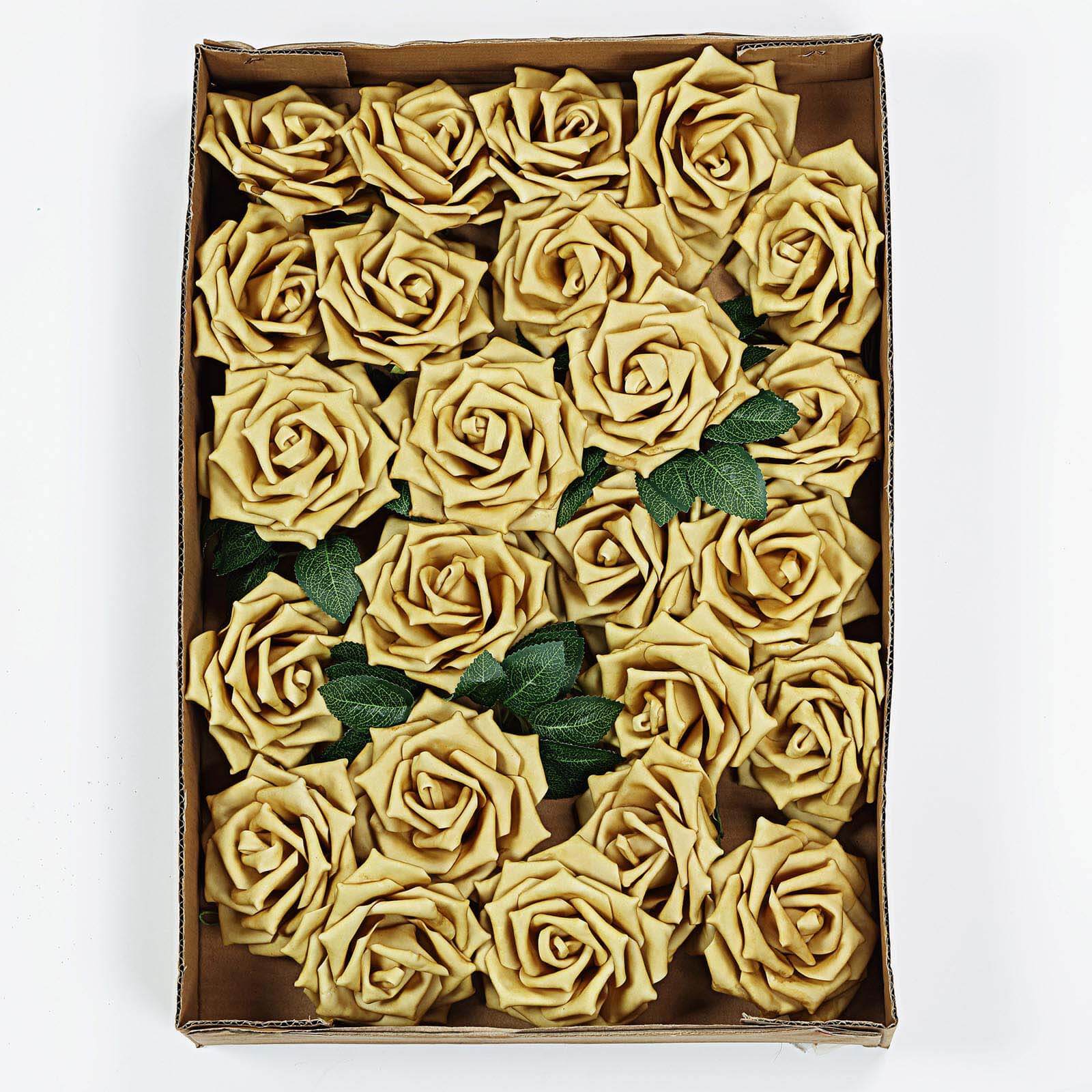 24 Roses 5" Gold Artificial Foam Flowers With Stem Wire and Leaves