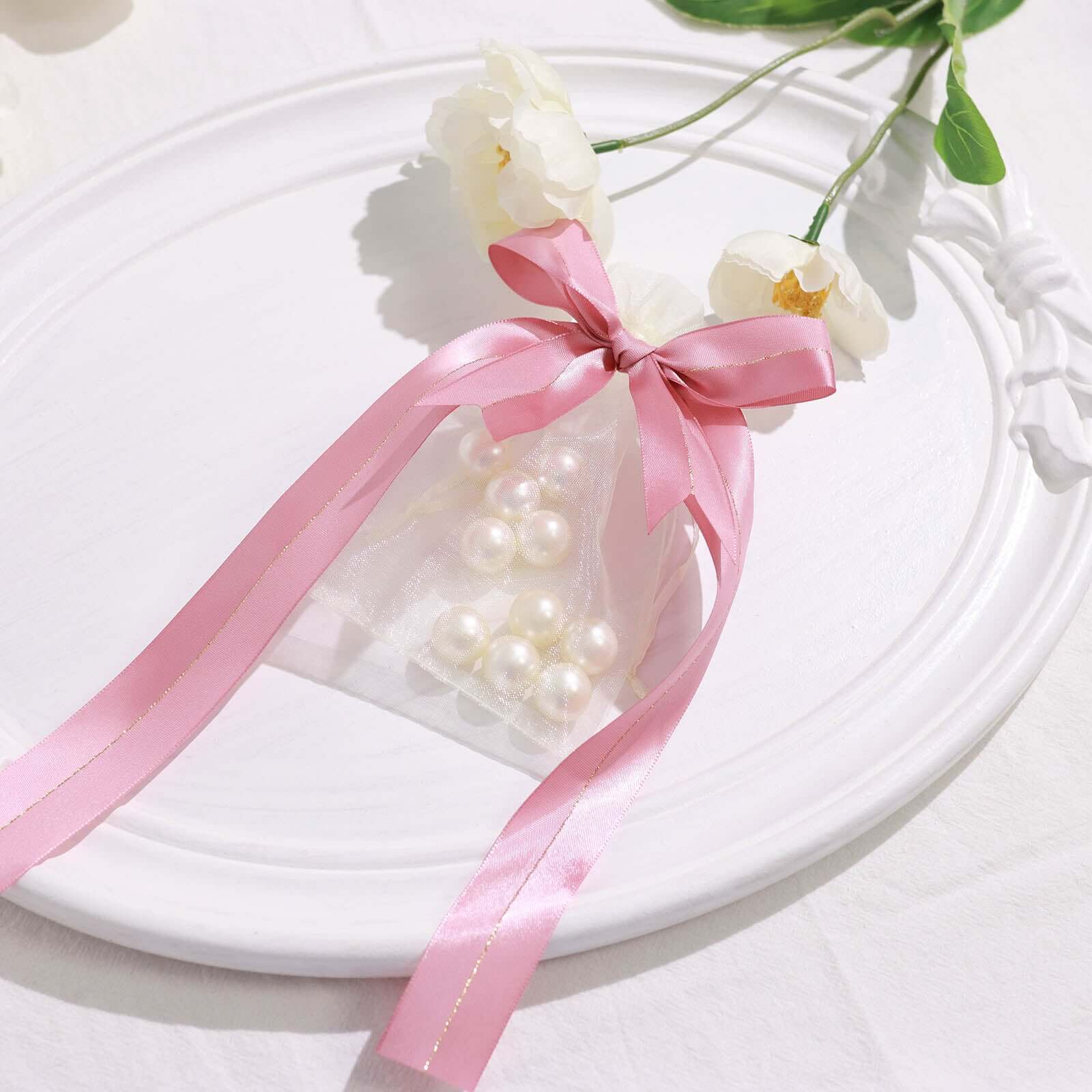 50 Pcs 10" Dusty Rose Pre Tied Ribbon Bows, Satin Ribbon With Gold Foil Lining For Gift Basket and Party Favors Decor