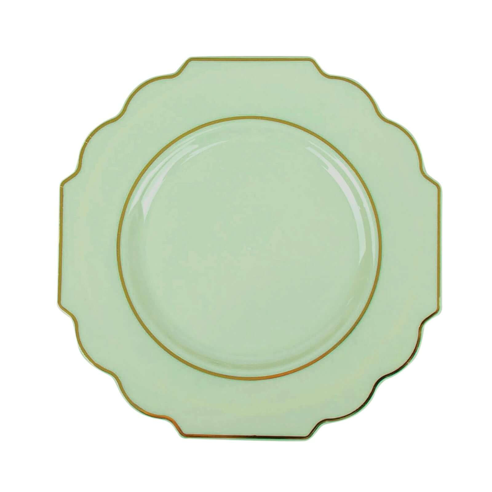 10-Pack Plastic Dessert Appetizer Plates in Sage Green Baroque Design with Scalloped Gold Rim - Heavy Duty Disposable Salad Plates 8"