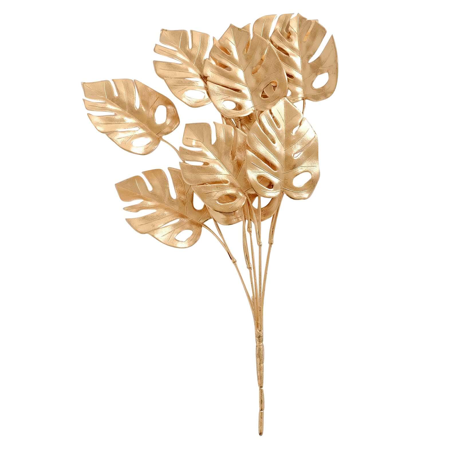 4-Pack Artificial Monstera Leaves Bushes Metallic Gold - Chic Faux Palm Leaf Decor Vase Filler for Hawaiian Jungle Tropical Themed Weddings Parties & Events 14"