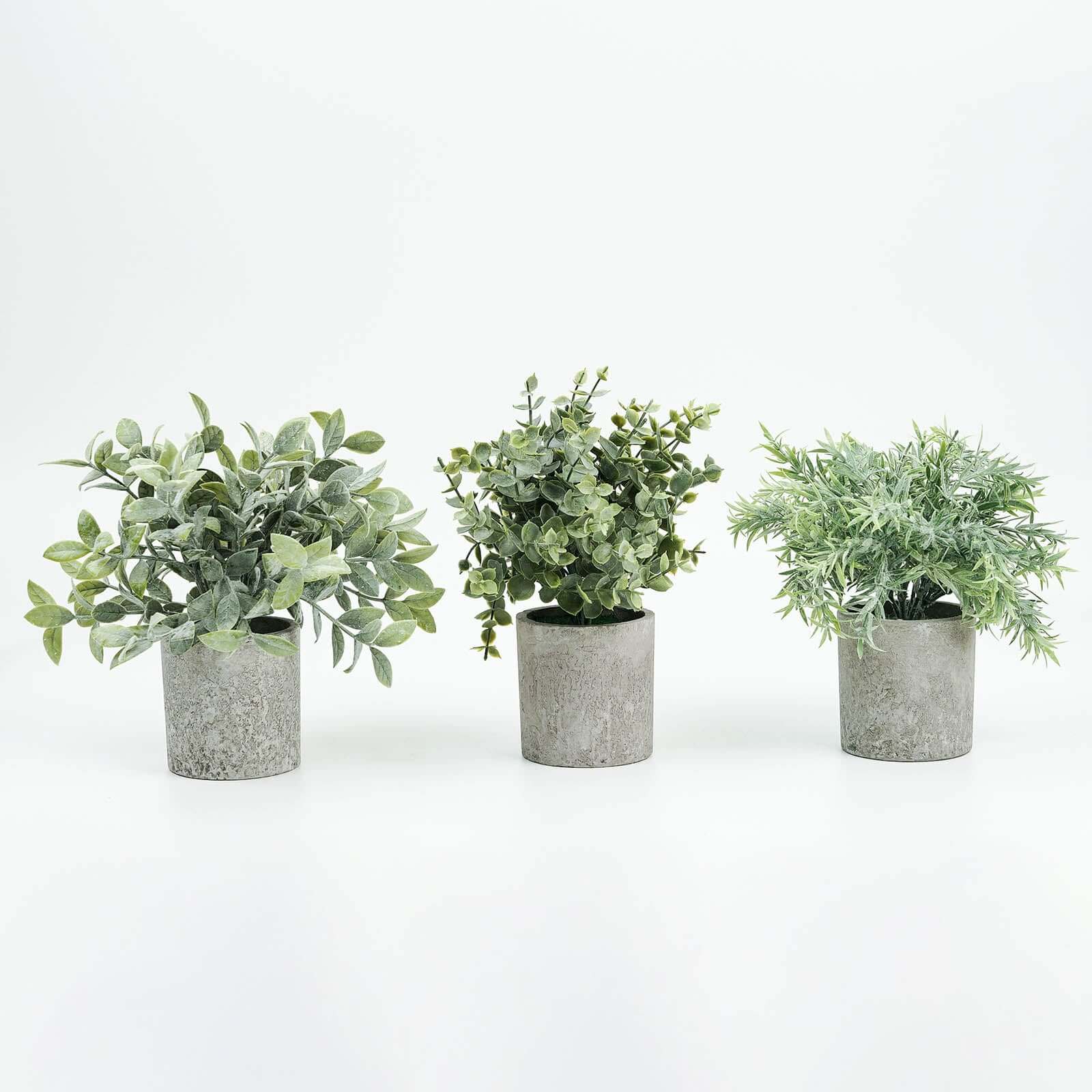 3 Plant Set Mini Potted Artificial Eucalyptus, Rosemary and Boxwood Faux Planter Collection - Small Decorative Faux Herb Garden for Desk Countertops Table Shelf Display 9"
