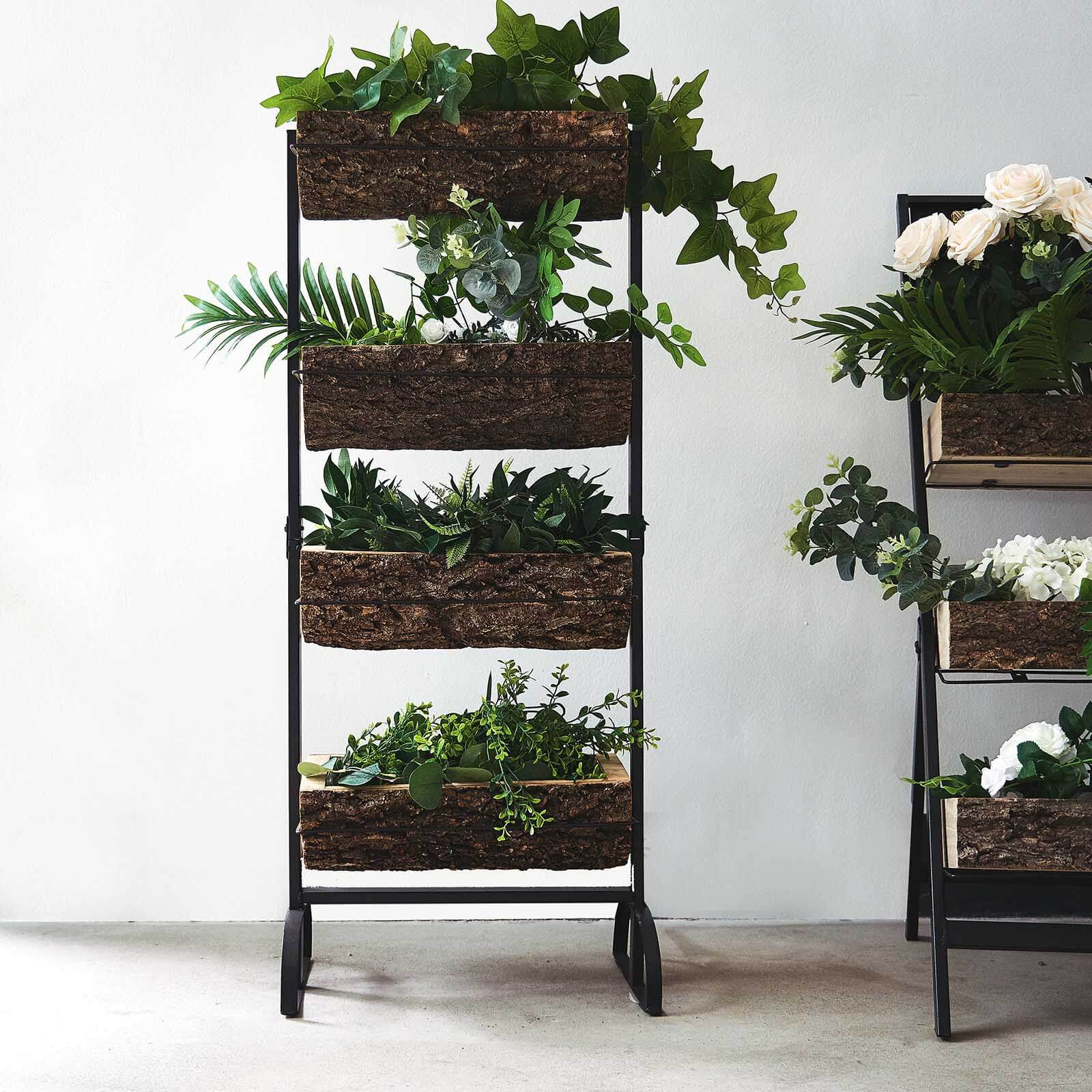 42" 4-Tier Metal Ladder Plant Stand With Natural Wooden Log Planters