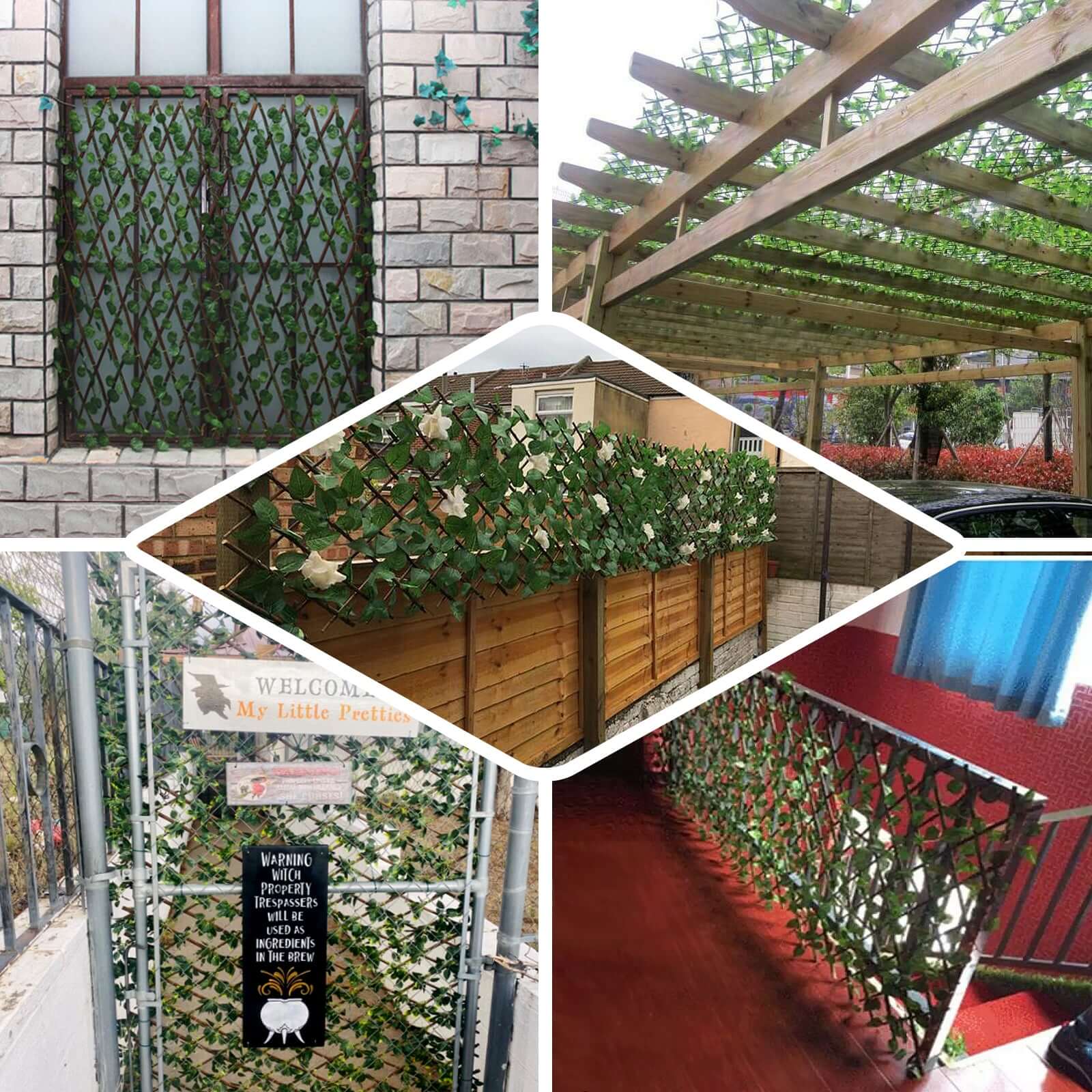 17"x95" Expandable Wooden Lattice Fence With Artificial Ivy Leaf Trellis Vines, Accordion Backdrop Fencing