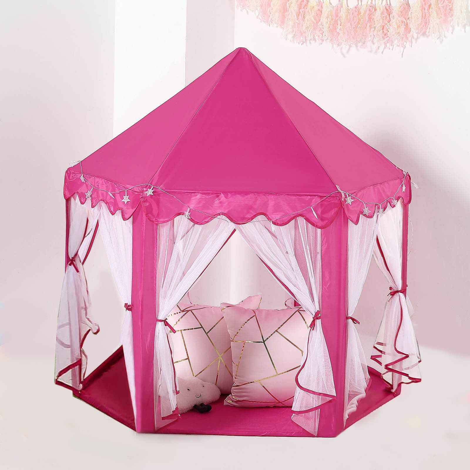 4.5Ft Pink Princess Castle Play House Tent with Star LED Garlands and Carry Bag