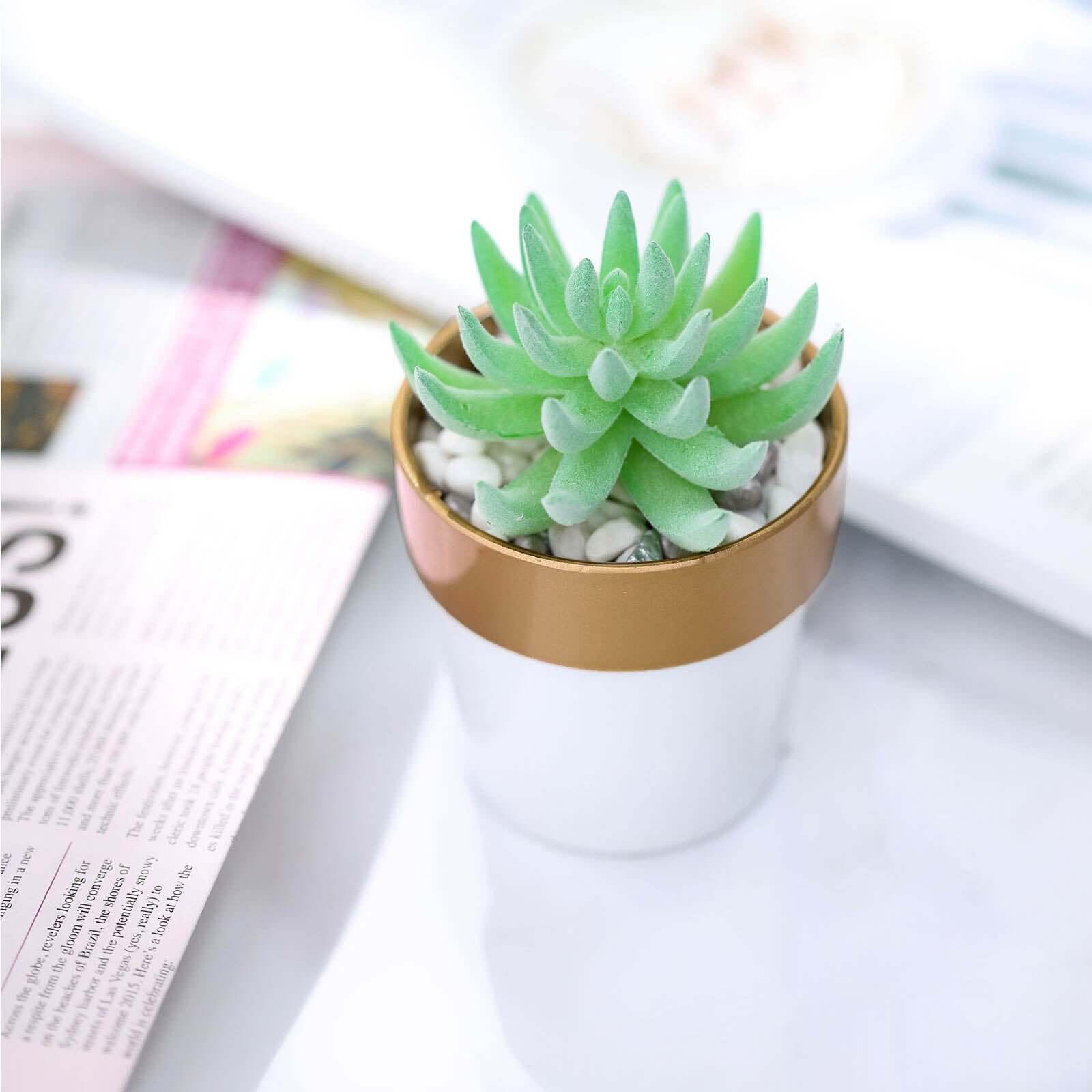 3-Pack Flower Plant Pots Small Design White with Gold Rim - Plastic Indoor Decorative Planters 3"