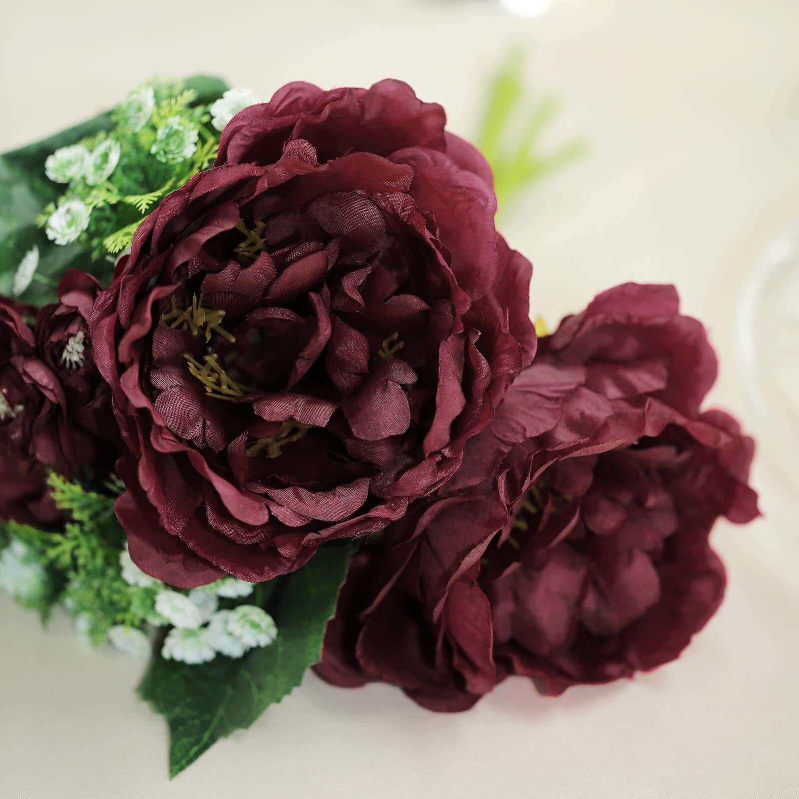 12" Burgundy Artificial Silk Peonies Bouquet, Faux Peony Spray Bush