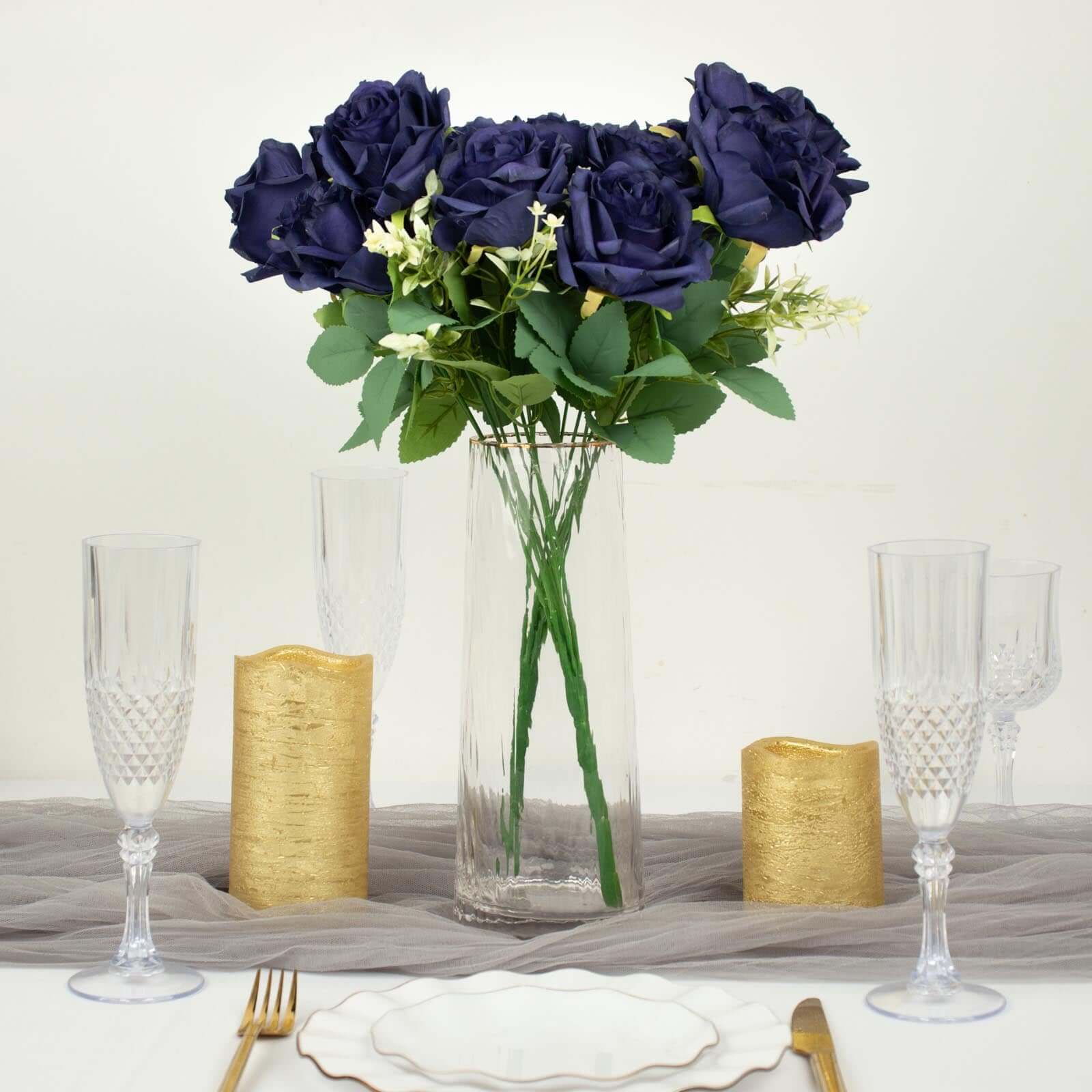 2 Bushes 18" Real Touch Navy Blue Artificial Rose Flower Bouquet, Silk Long Stem Flower Arrangements