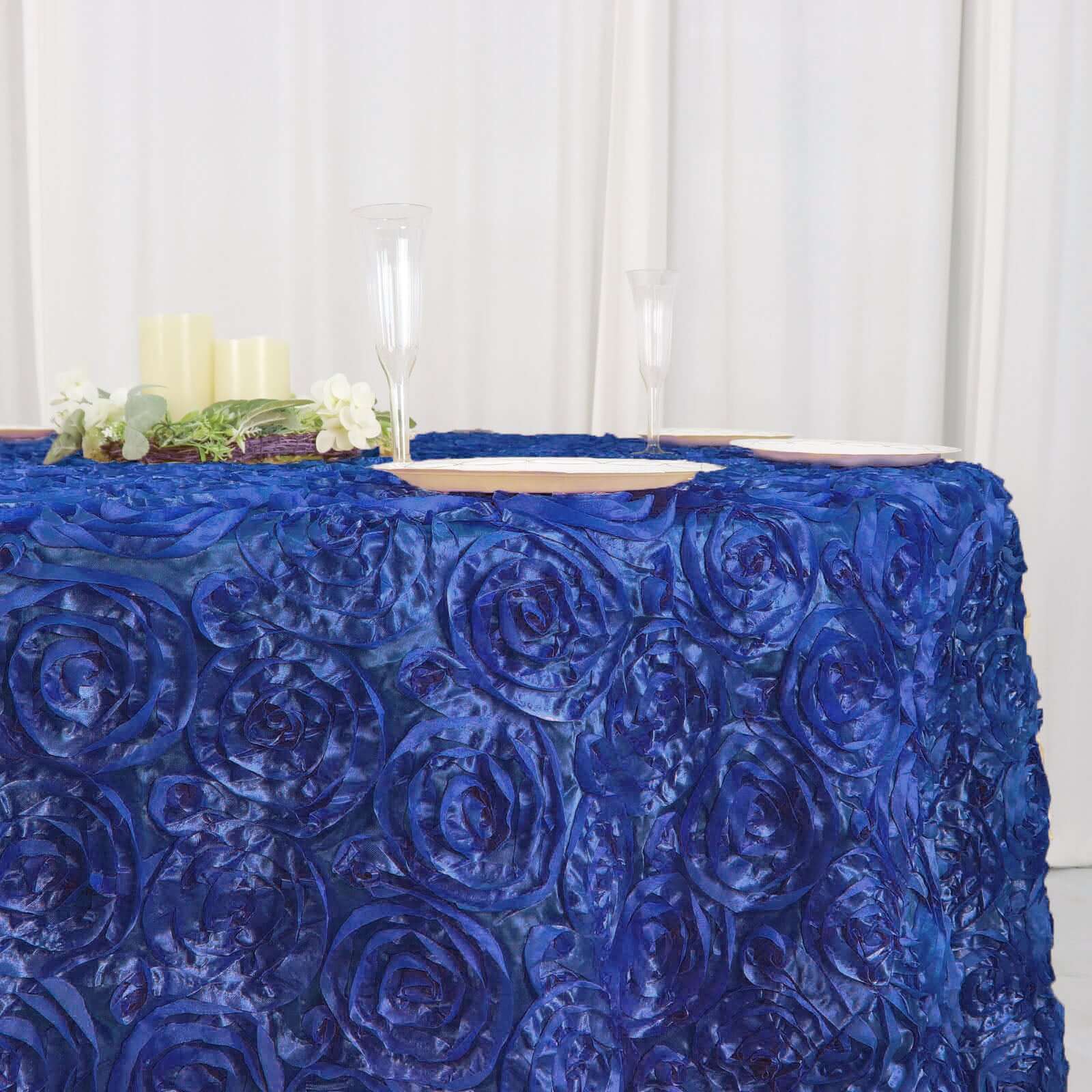 Satin 120" Round Tablecloth Royal Blue - Grandiose 3D Rosette with Seamless Finish Table Cover