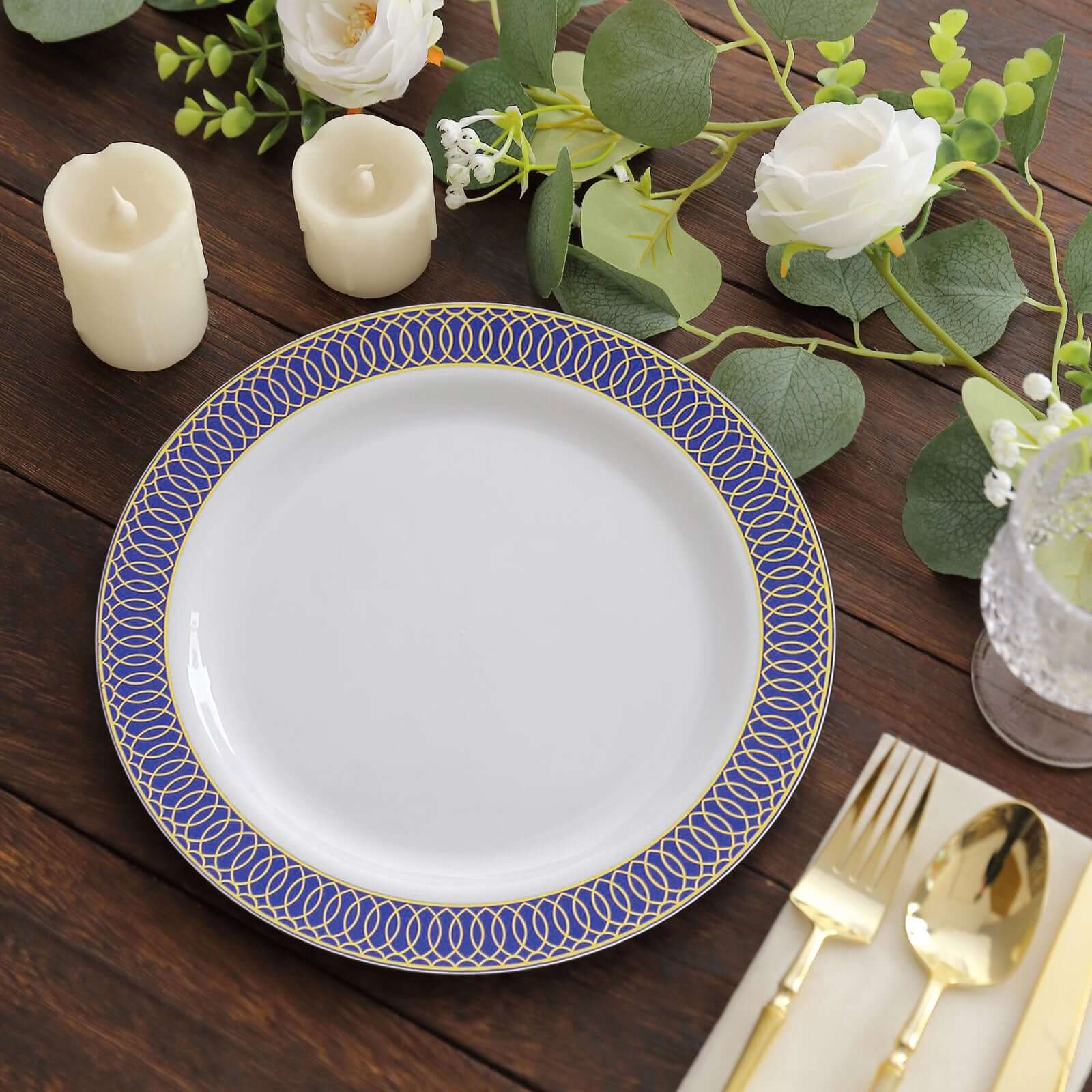 10-Pack Plastic Round Dinner Plates 10" White with Navy Blue Gold Spiral Rim - Chic Disposable Party Plates
