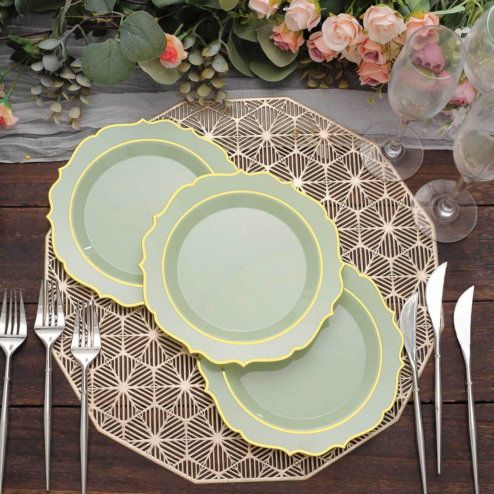 10-Pack Plastic 8" Round Desert Plates in Sage Green with Gold Scalloped Rim - Disposable Appetizer/Salad Plates