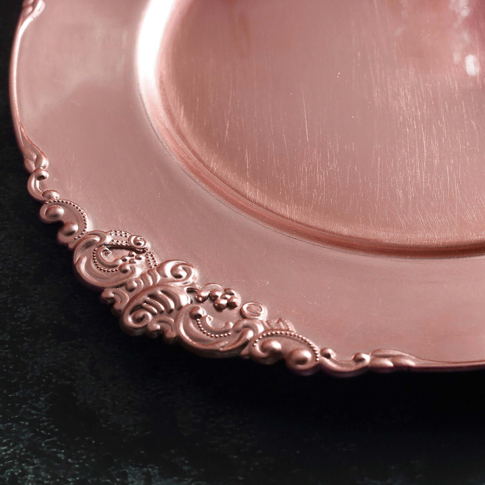 6-Pack Acrylic Round Charger Plates 13" in Rose Gold with Embossed Baroque Rim, Antique Decorative Dinner Party Charger Tableware
