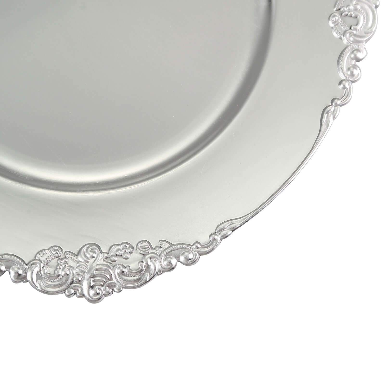 6-Pack Acrylic Round Charger Plates 13" in Silver with Embossed Baroque Rim, Antique Decorative Dinner Party Charger Tableware