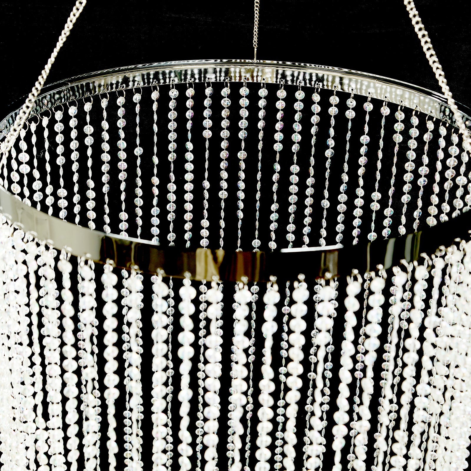 20ft Hanging Beaded Crystal Column Chandelier, Tall Beads Curtain Round with Silver Metal Hoop and Hanging Chain
