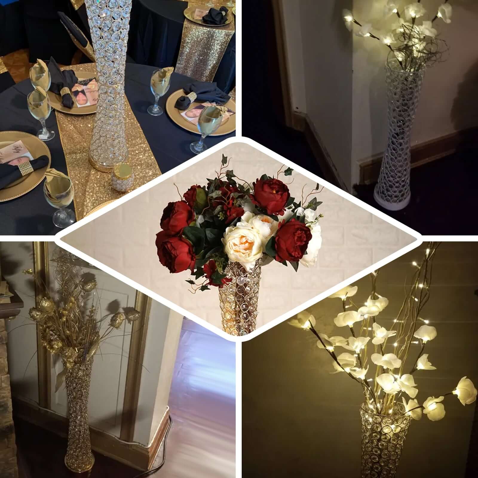 Metal Hurricane Floral Vase Centerpiece Metallic Gold with Crystal Beaded Design - Decorative Table Piece 36"