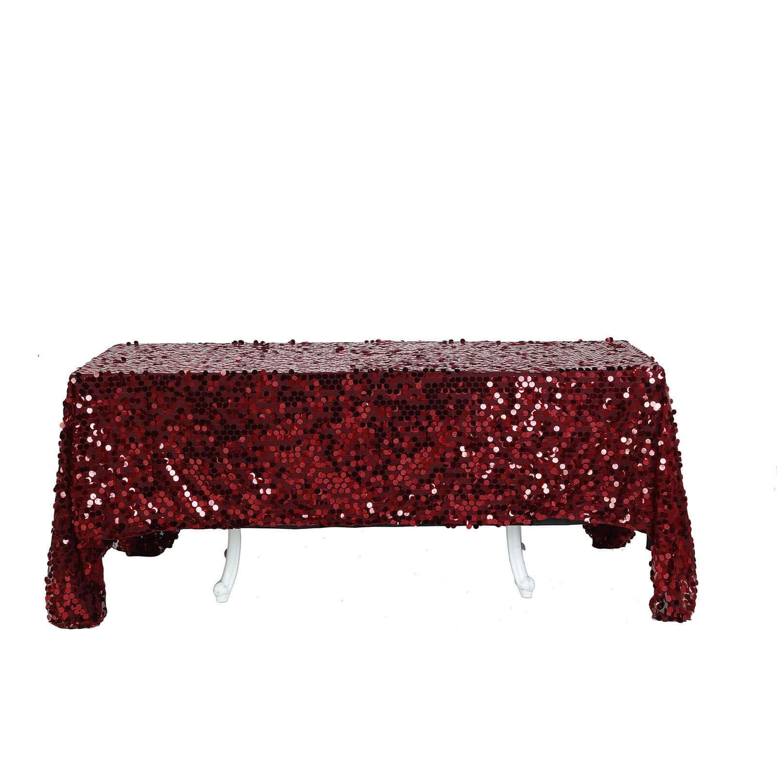 Sequin 90"x132" Rectangle Tablecloth Burgundy - Seamless Big Payette Design for Sophisticated Occasions
