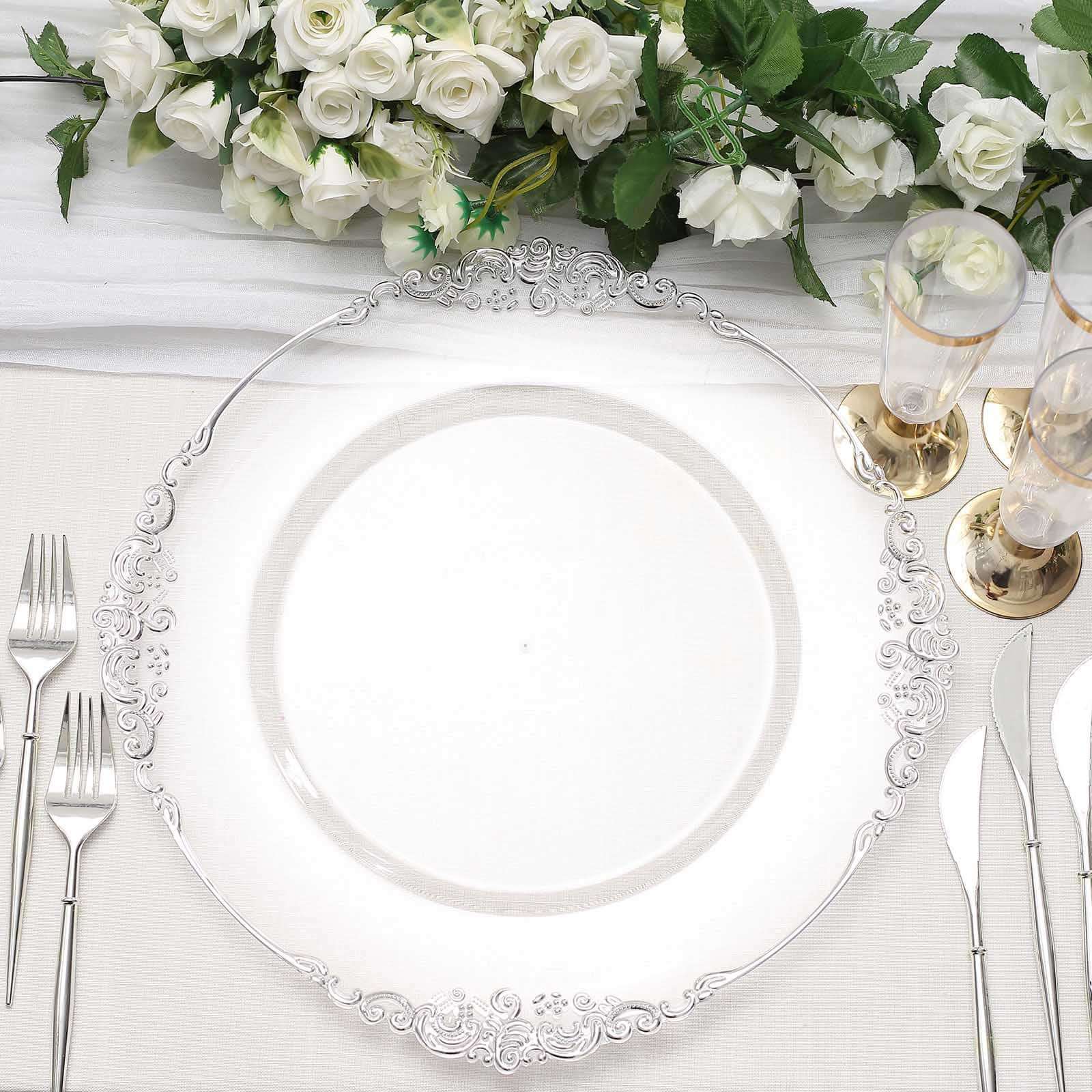 6-Pack Acrylic Round Charger Plates 13" in Clear with Silver Embossed Baroque Rim, Antique Decorative Dinner Party Charger Tableware