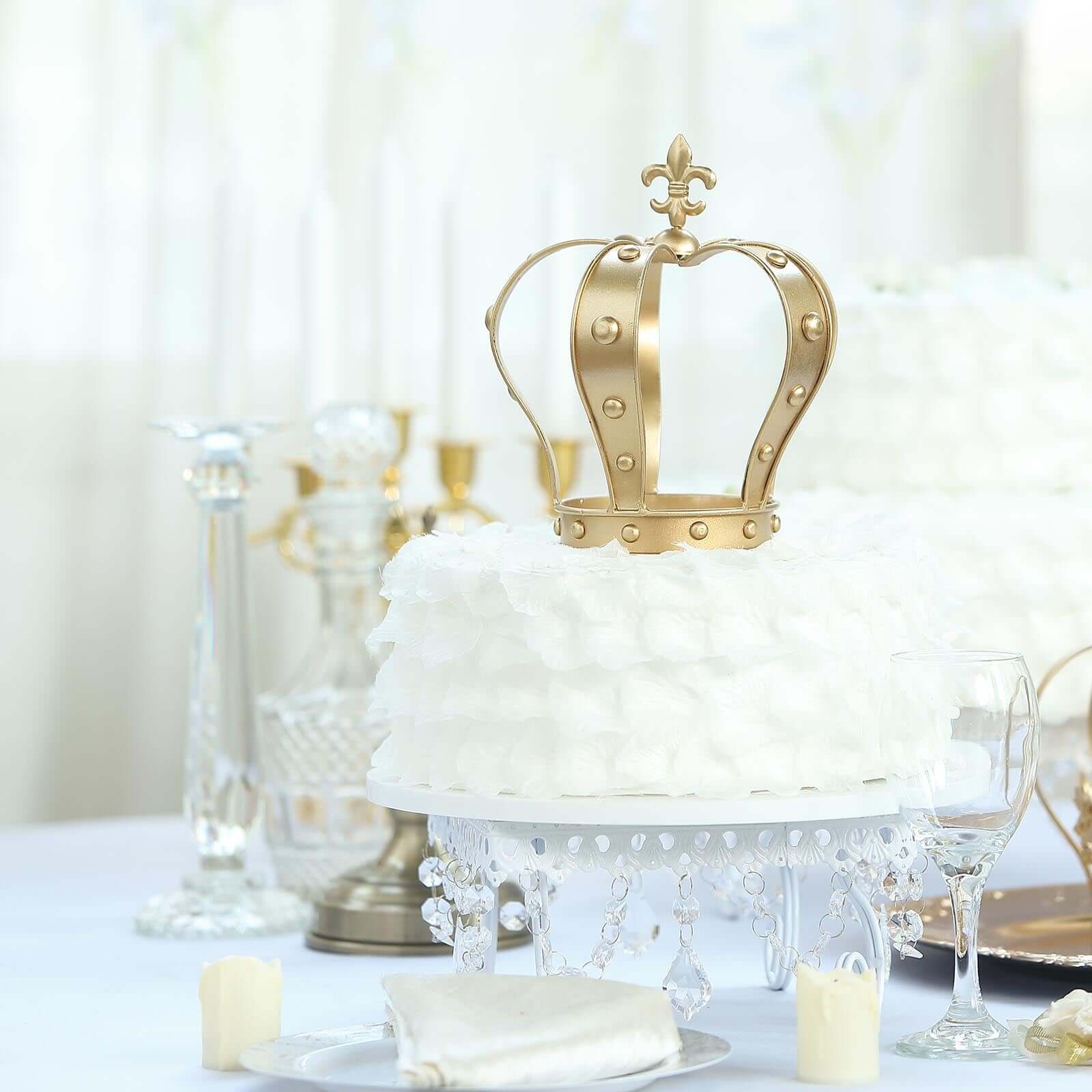 Metal Royal Crown Cake Topper 8" Gold Fleur-De-Lis Top - Refined Cake Centerpiece Decoration for Upscale & Royal-Themed Events
