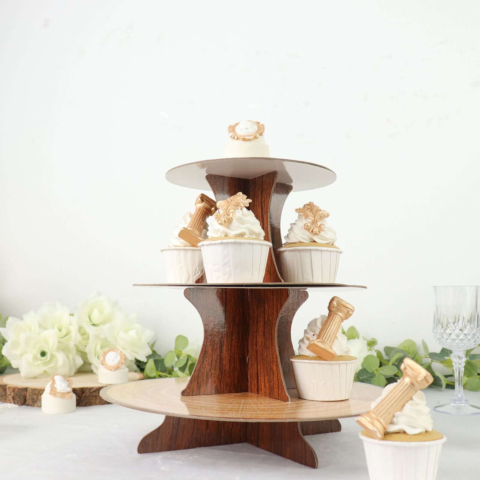 3-Tier Cardboard Cupcake Stand Natural Wood Plank Print - Reusable Dessert Table Display Tower for Classy Birthday Wedding Party Decoration 14"
