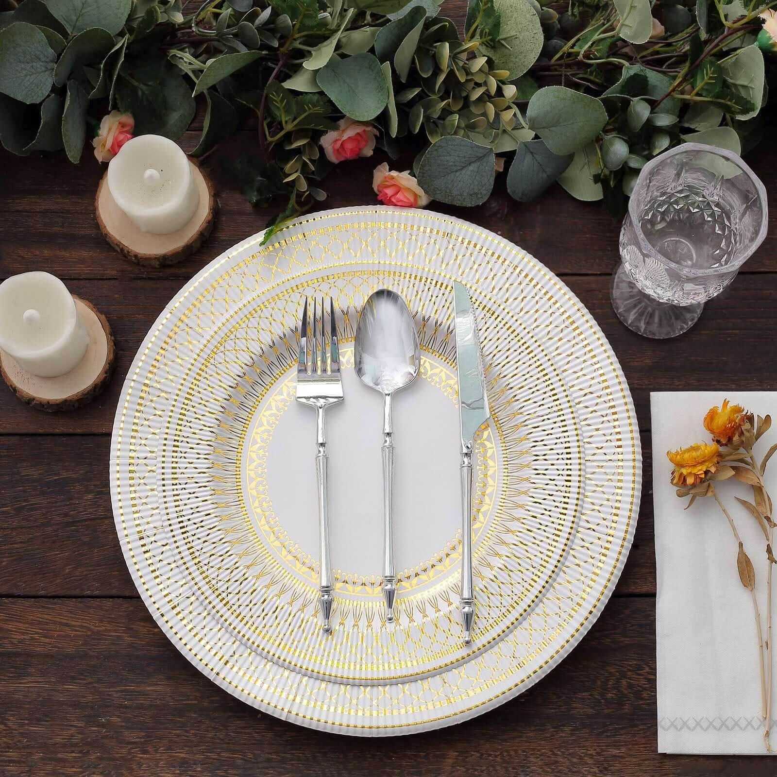 25-Pack Disposable Round Charger Plates in White/Gold Vintage Style - 350GSM Durable Paper Chargers for Events 13"