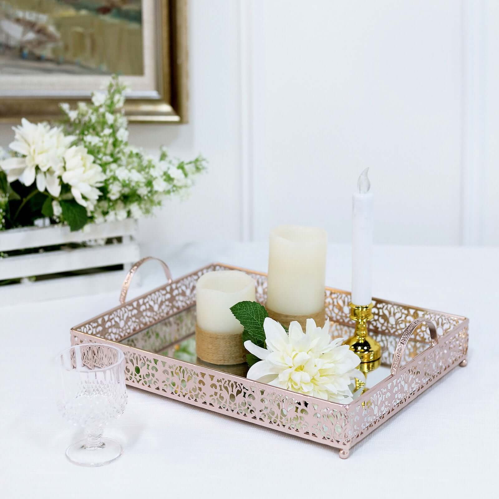 Metal Mirrored Rectangle Serving Tray 16"x12" in Rose Gold Fleur De Lis Design with Handles, French Inspired Decorative Vanity Tray Centerpiece