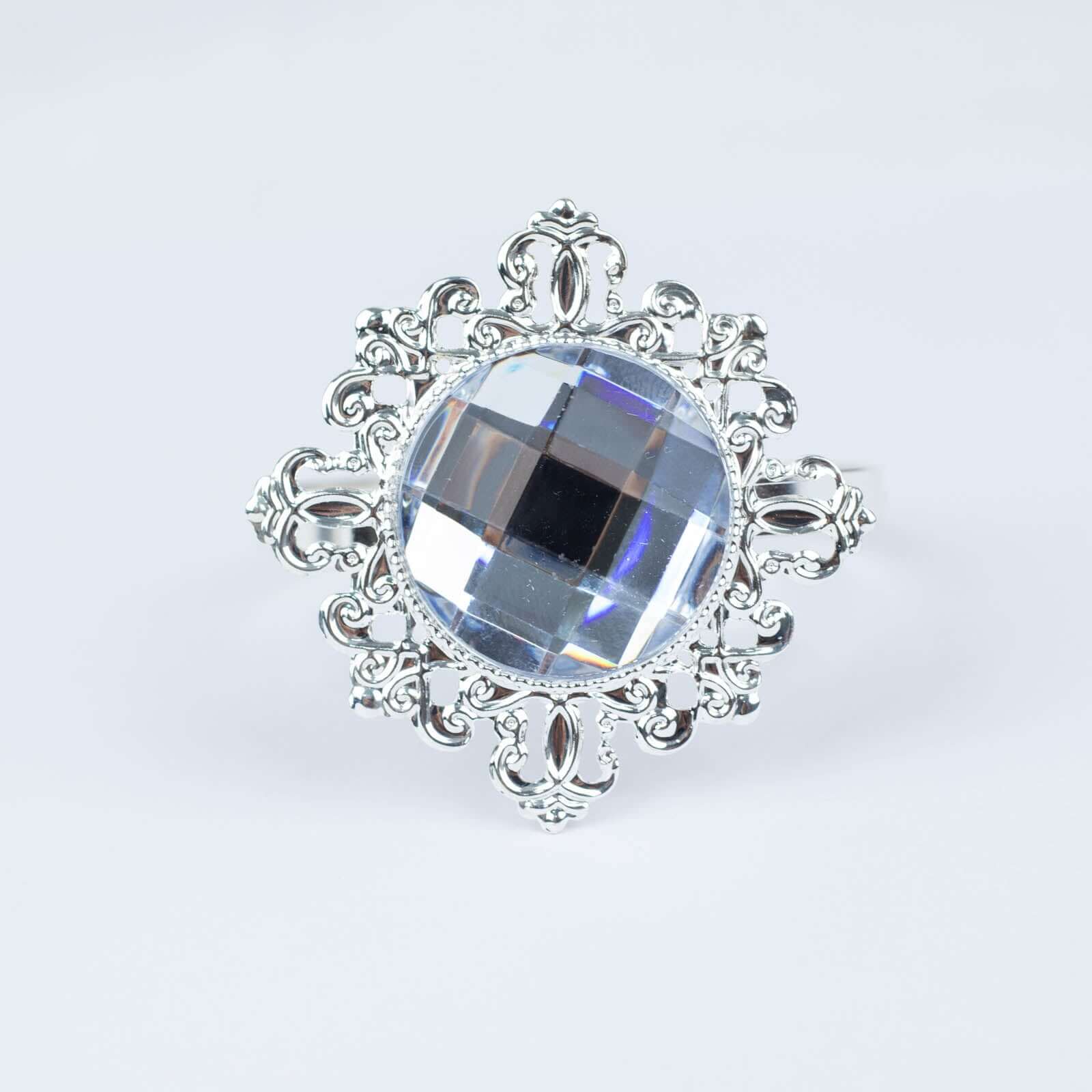 6 Pack 2" Silver Metal Clear Crystal Rhinestone Napkin Rings, Diamond Bling Napkin Holders