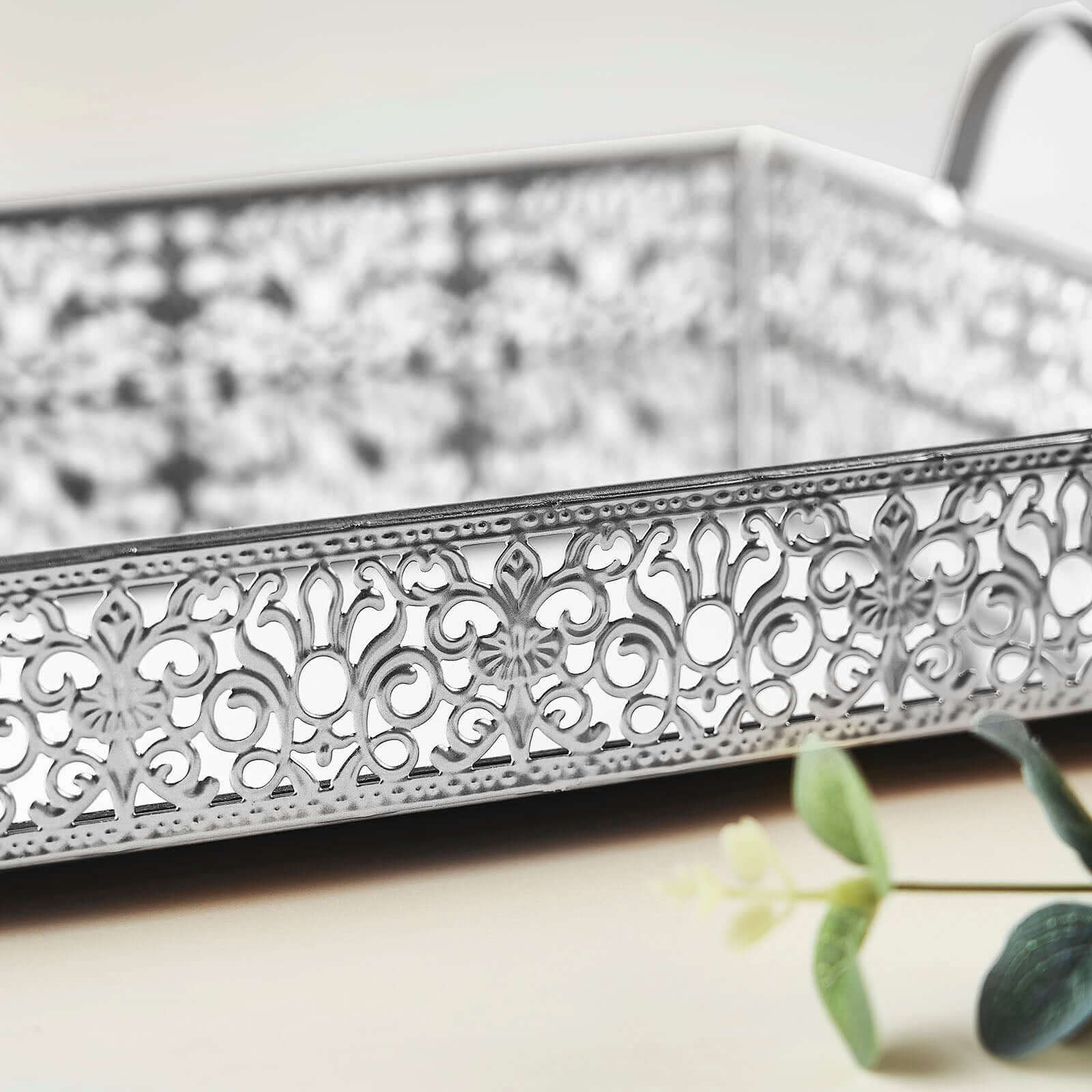 Metal Mirrored Rectangle Serving Tray 16"x12" in Silver Fleur De Lis Design with Handles, French Inspired Decorative Vanity Tray Centerpiece