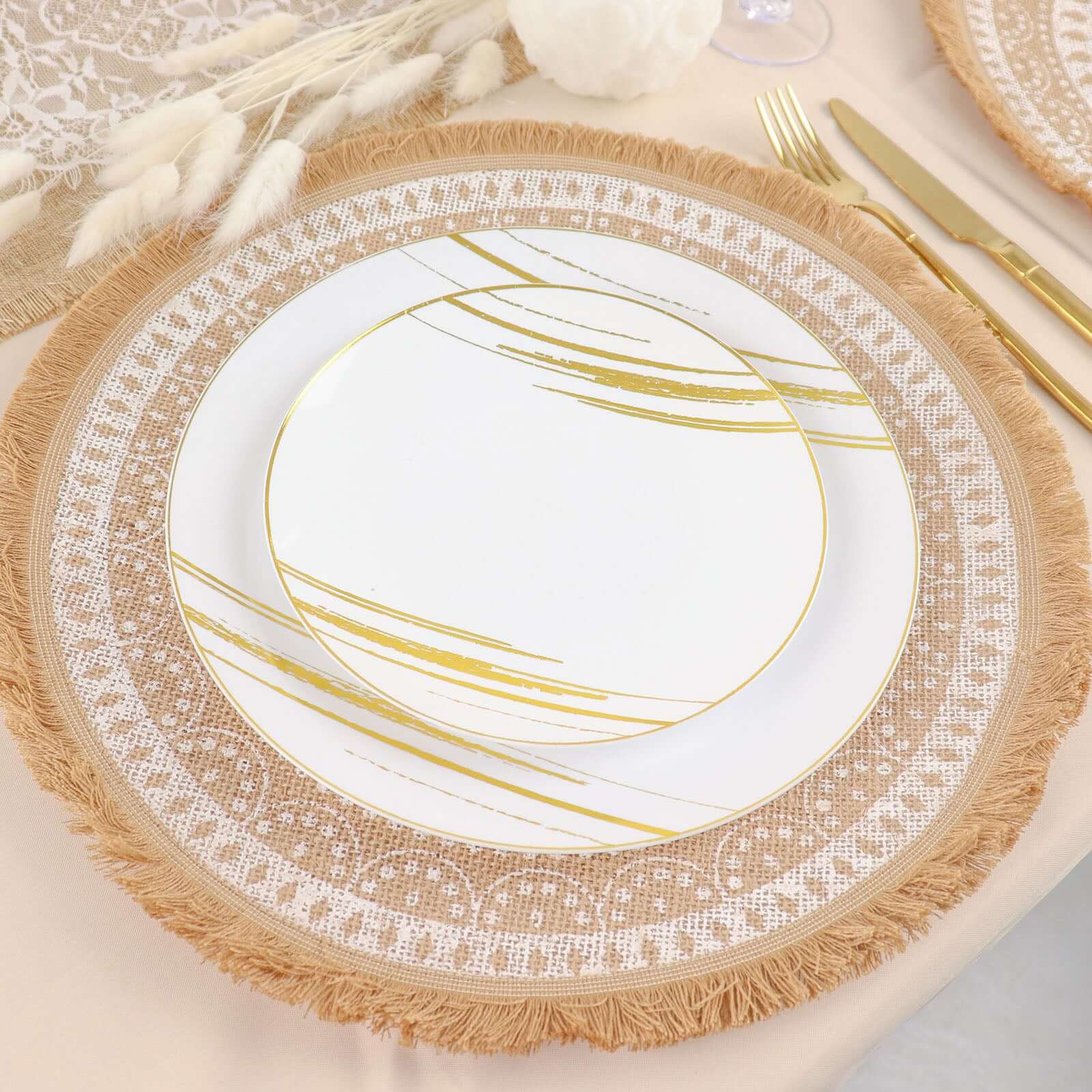 4-Pack Placemats Fringe Print Design Natural Jute and White Round - Rustic Burlap Woven Style 15"