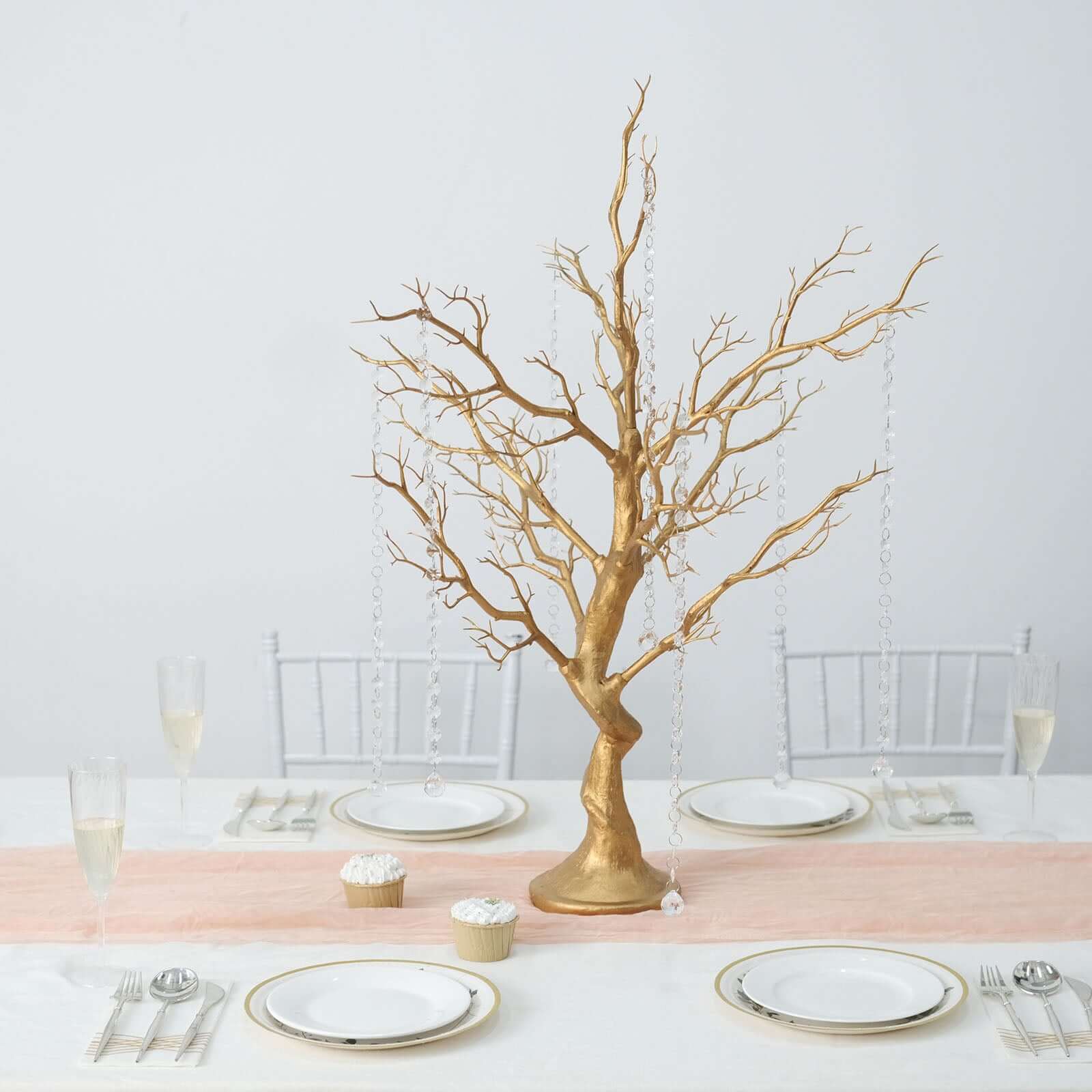 Manzanita Tree Centerpiece Metallic Gold with 8 Acrylic Bead Chains - Easy Assembly Decorative Artificial Tree for Modern Weddings Parties & Event Displays 34"