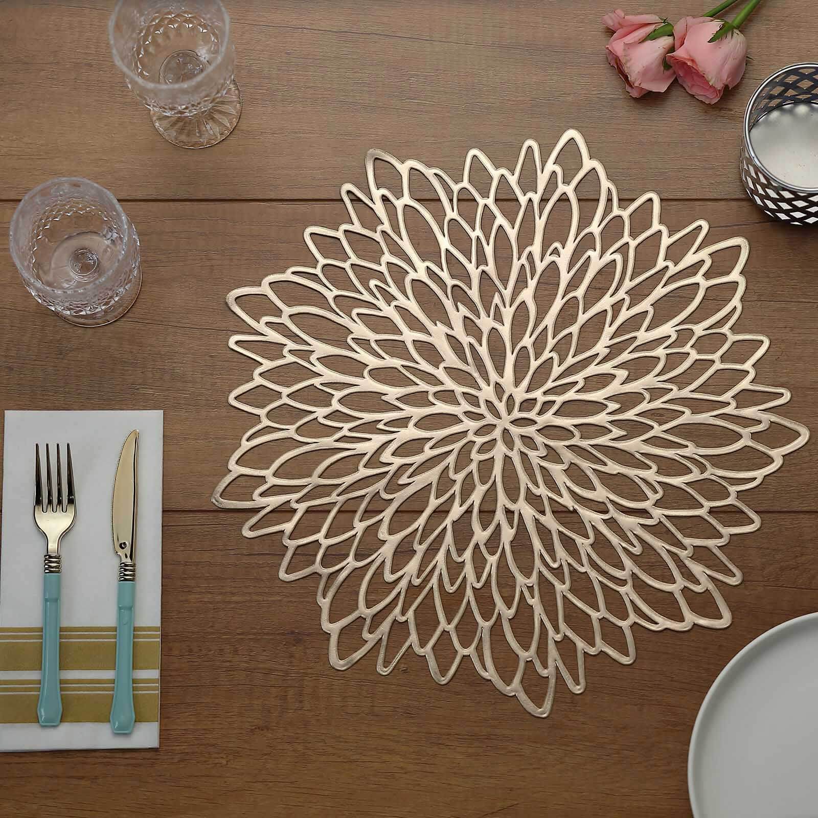 6-Pack Dining Table Mats Floral Design Gold - Metallic Vinyl Round Non-Slip Mats for Tables 15"