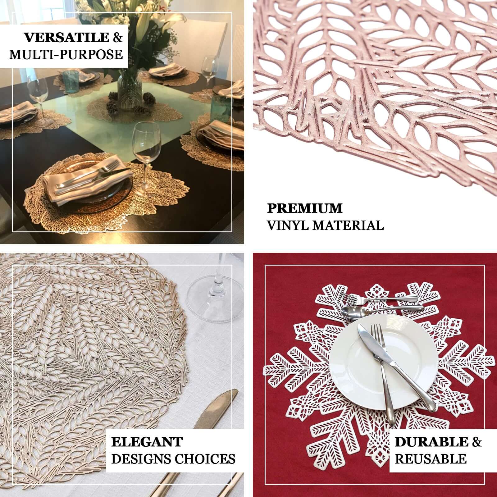6-Pack Dining Table Mats Floral Design Rose Gold - Metallic Vinyl Round Non-Slip Mats for Tables 15"