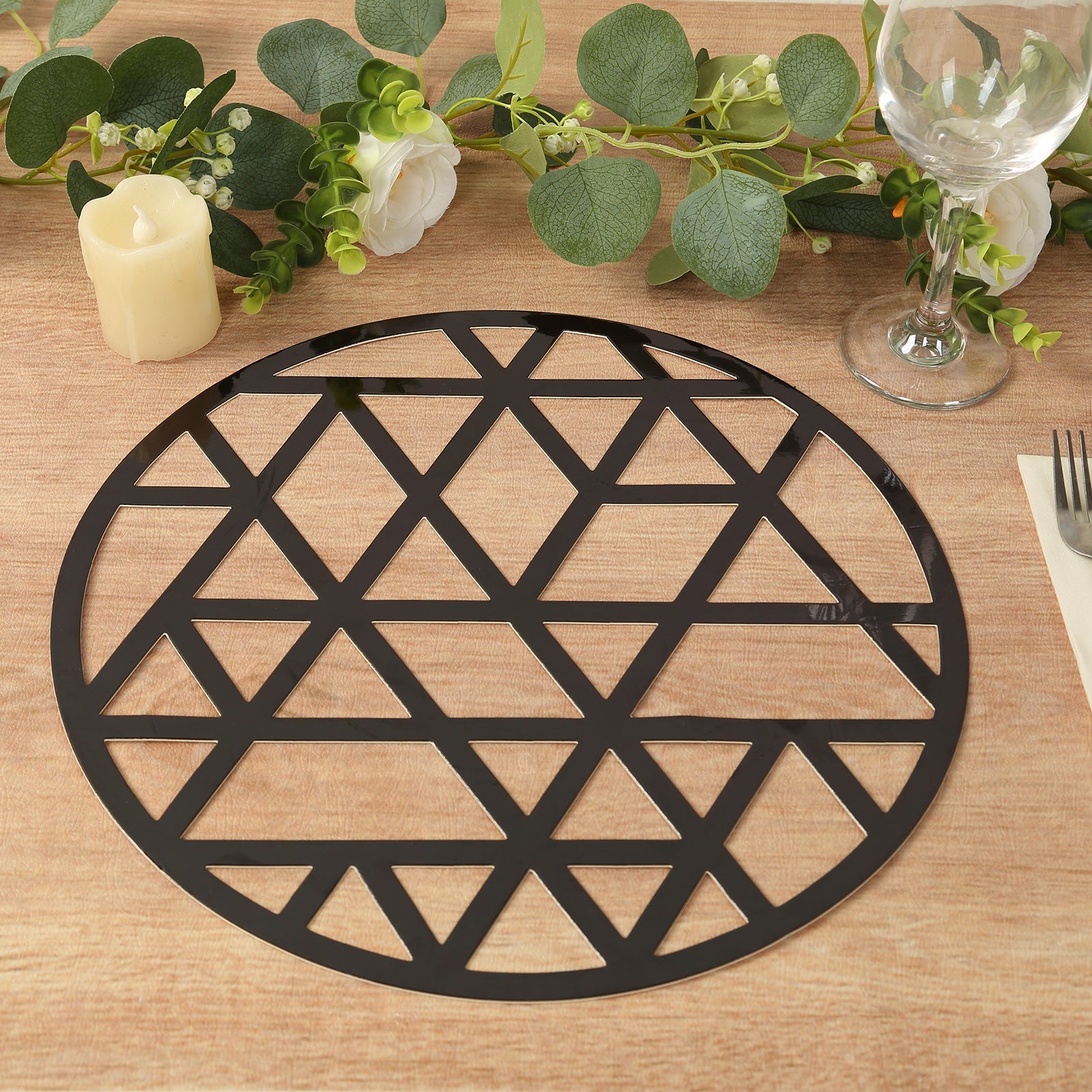 6-Pack Disposable Table Placemats in Black Laser Cut Geometric Triangle Design - 700GSM Cardboard Placemats for Glamorous Table Settings 13"
