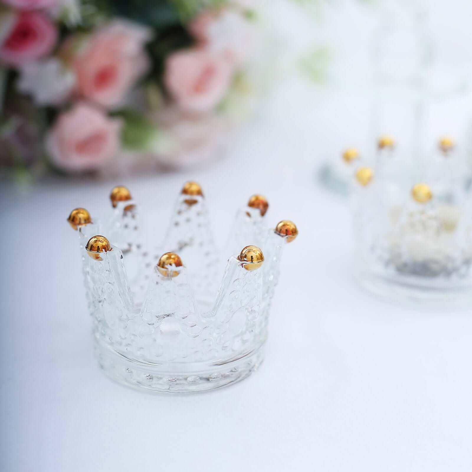 6-Pack Glass Crown Votive Candle Holders Clear Crystal Design with Gold Beaded Tips - Tea Light Holders 3"x2"