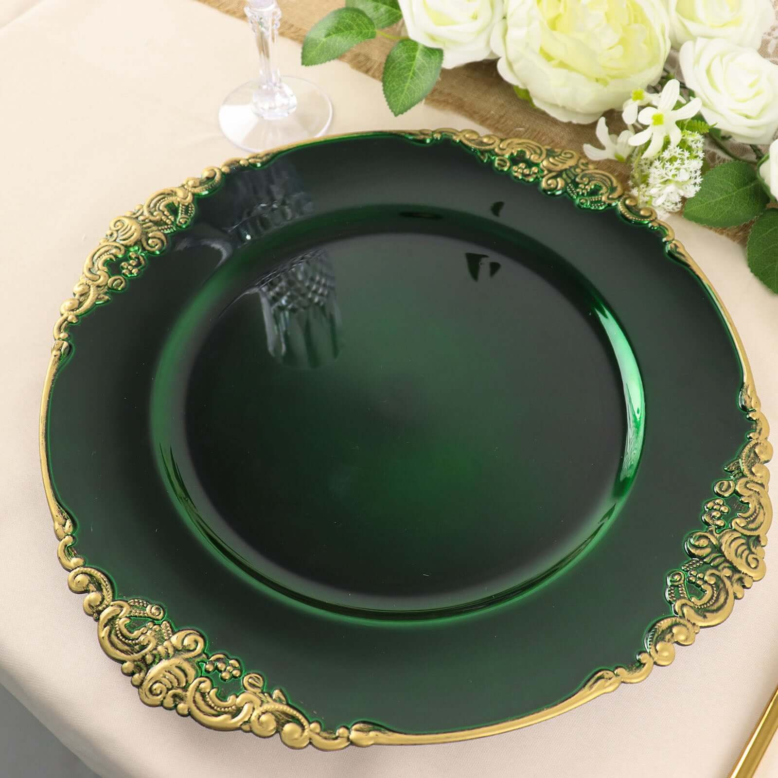 6-Pack Acrylic Round Charger Plates 13" in Hunter Emerald Green with Gold Embossed Baroque Rim, Antique Decorative Dinner Party Charger Tableware