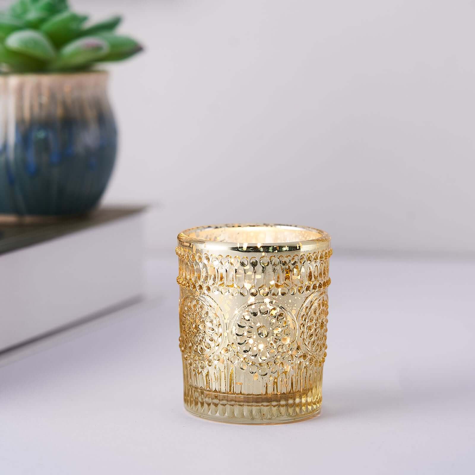 6-Pack Gold Glass Votive Tealight Holders - Stylish Primrose Design for Weddings & Décor