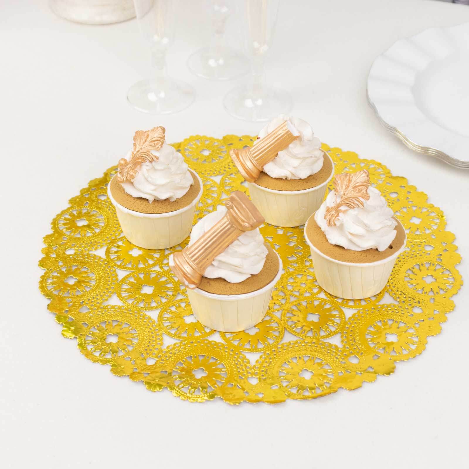 50-Pack Paper 12" Round Placemats in Metallic Gold - Disposable 50GSM Lace Doilies with Medallion Style for Dessert Display & Table Decor