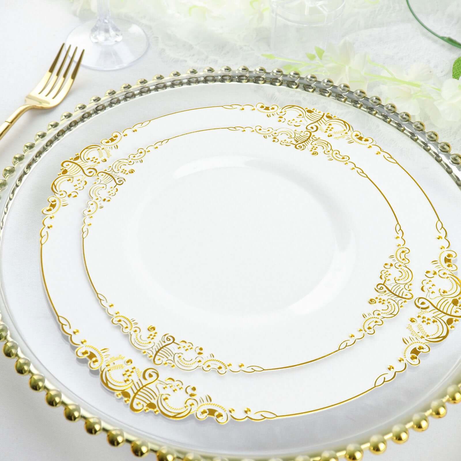 10-Pack Plastic 8" Round Dessert Plates in White with Gold Leaf Embossed Rim - Disposable Vintage Baroque Style Salad Plates for Luxurious Gatherings & Events