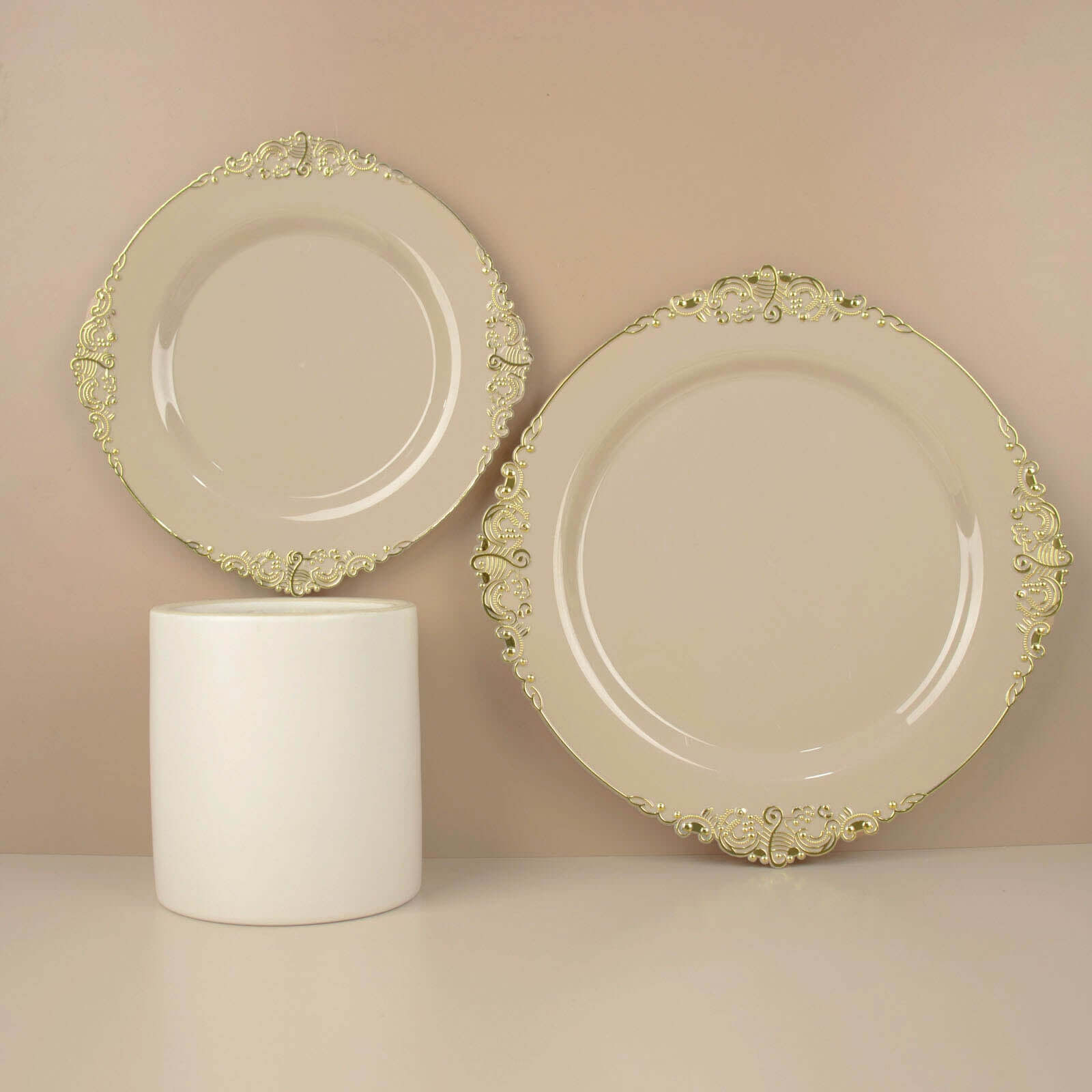 10-Pack Plastic 8" Round Dessert Plates in Taupe with Gold Leaf Embossed Rim - Disposable Vintage Baroque Style Salad Plates