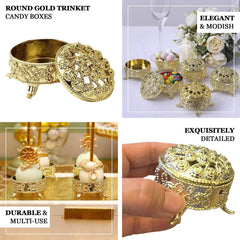 12-Pack Plastic Fillable Mini Candy Container in Vintage Ornate Round Box Style Metallic Gold - Candy Treat Favor Boxes 2.5"