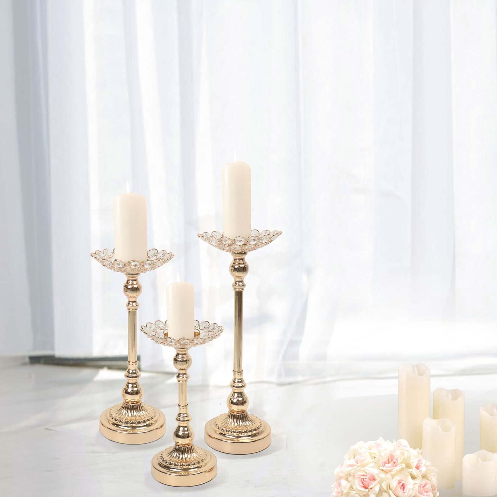 Set of 3 Metal Votive Candle Holders Crystal Beaded Design Gold - Tea Light Centerpieces 11", 13", 15"