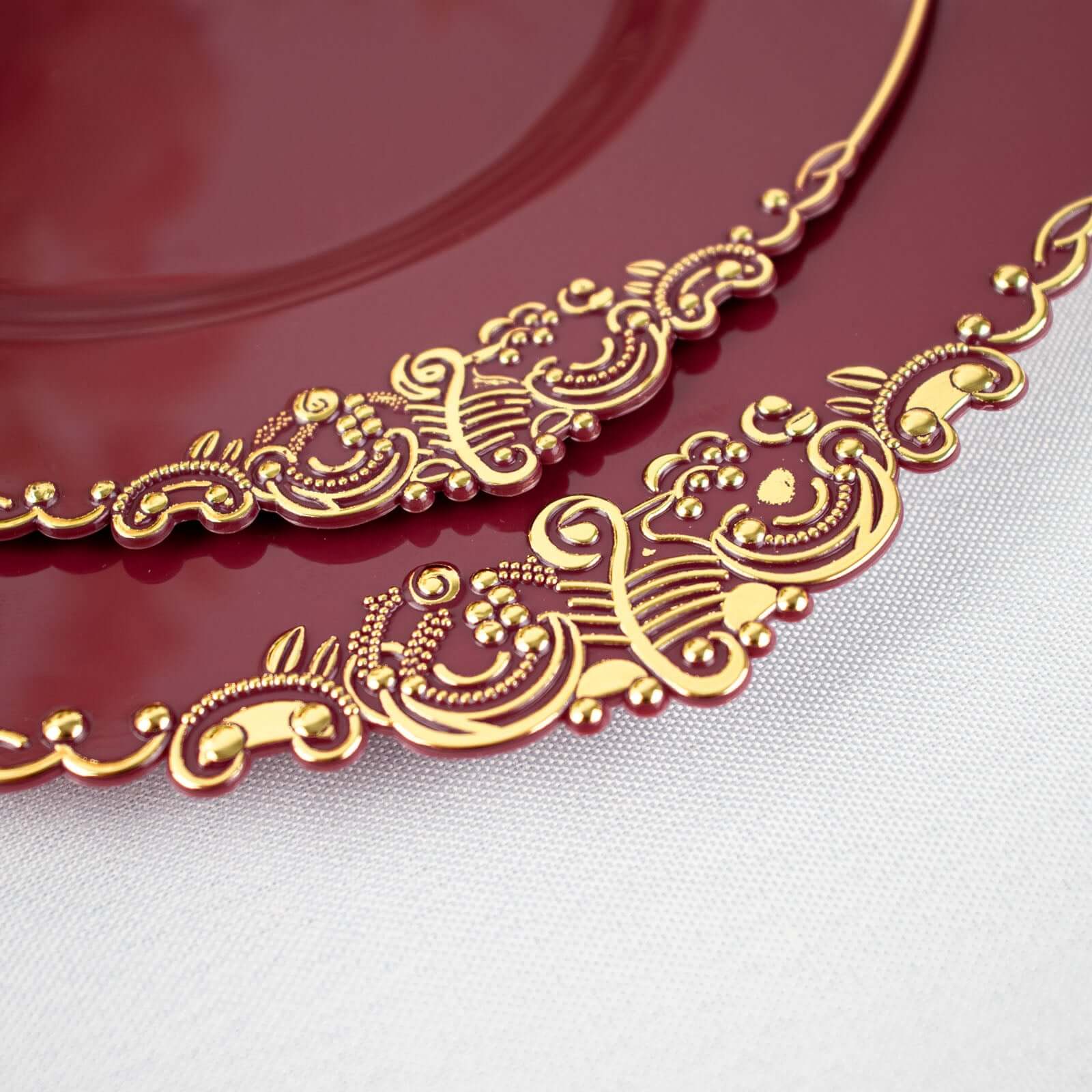 10-Pack Plastic 8" Round Dessert Plates in Burgundy with Gold Leaf Embossed Rim - Disposable Vintage Baroque Style Salad Plates for Luxurious Gatherings & Events