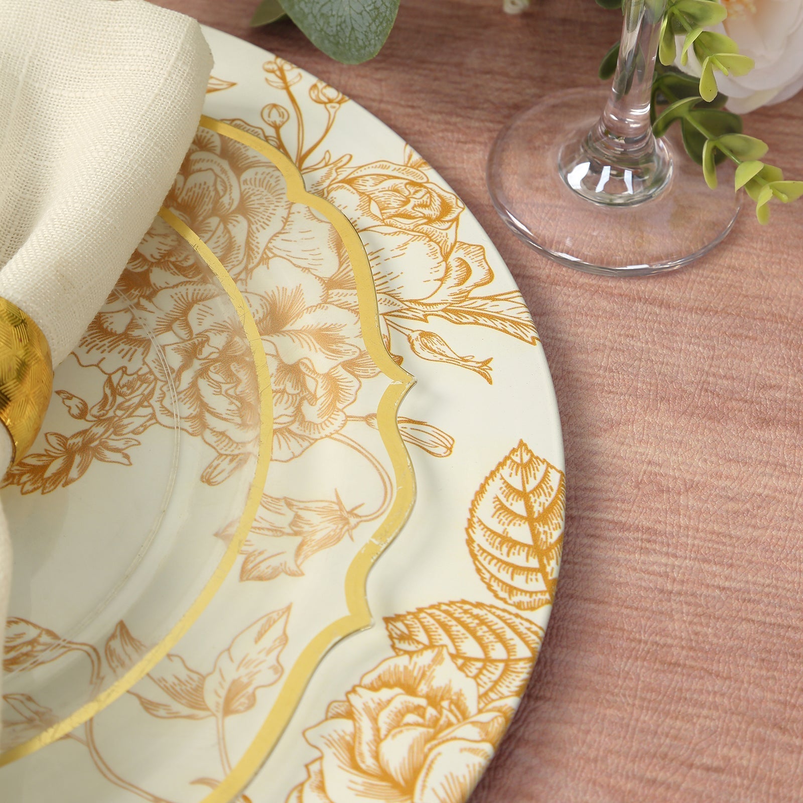 6-Pack Acrylic Round Charger Plates 13" in White with Gold Floral French Toile Pattern, Decorative Dinner Party Charger Tableware